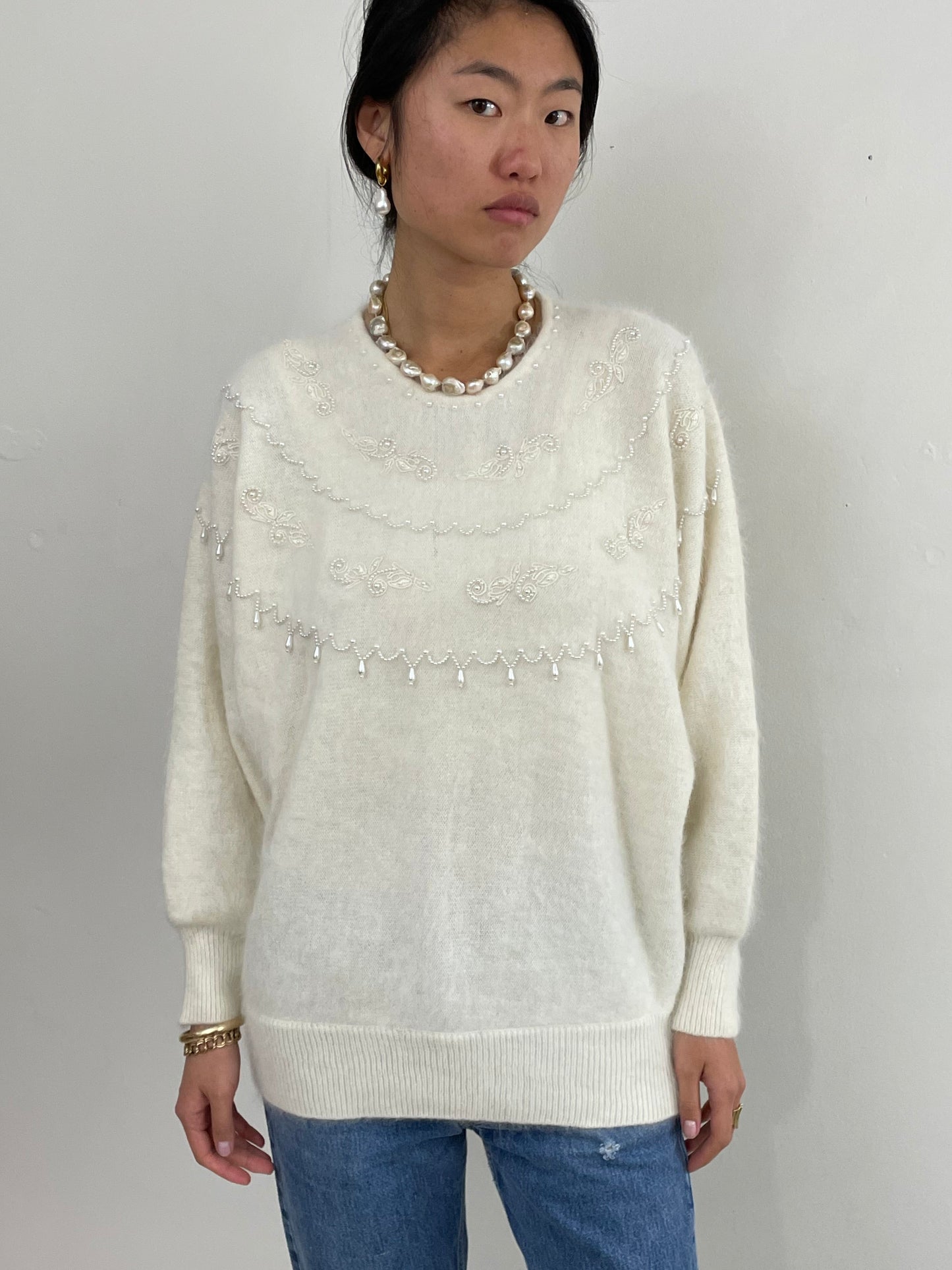 Vintage 90s Angora Beaded White Batwing Sweater Tunic Large