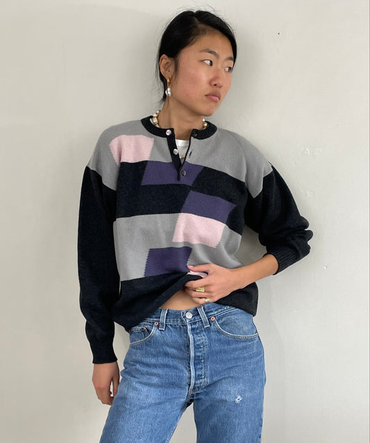 Vintage 60s Cashmere Intarsia Scottish Crewneck ColorBlock Henley Sweater