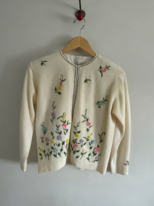 vintage 60s hand embroidered white wool floral garden lambswool + angora cardigan sweater RESERVED