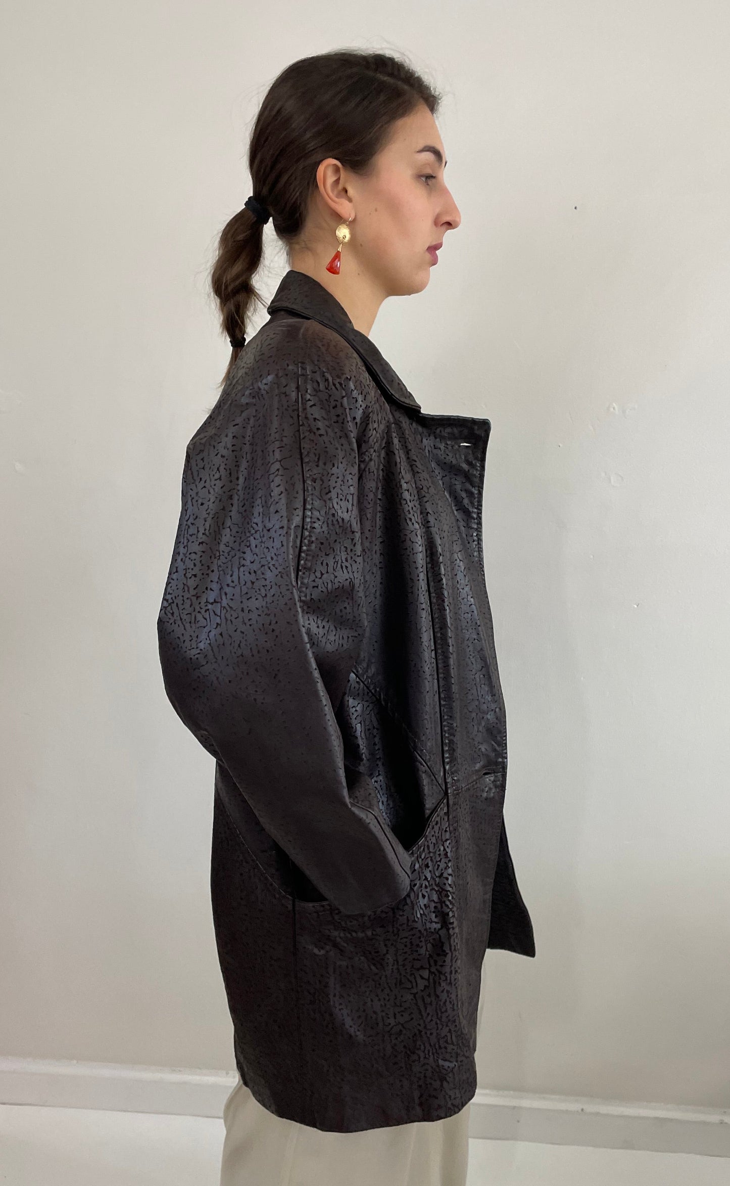 90s Embossed Leather Slouchy Brown Coat Jacket | Medium