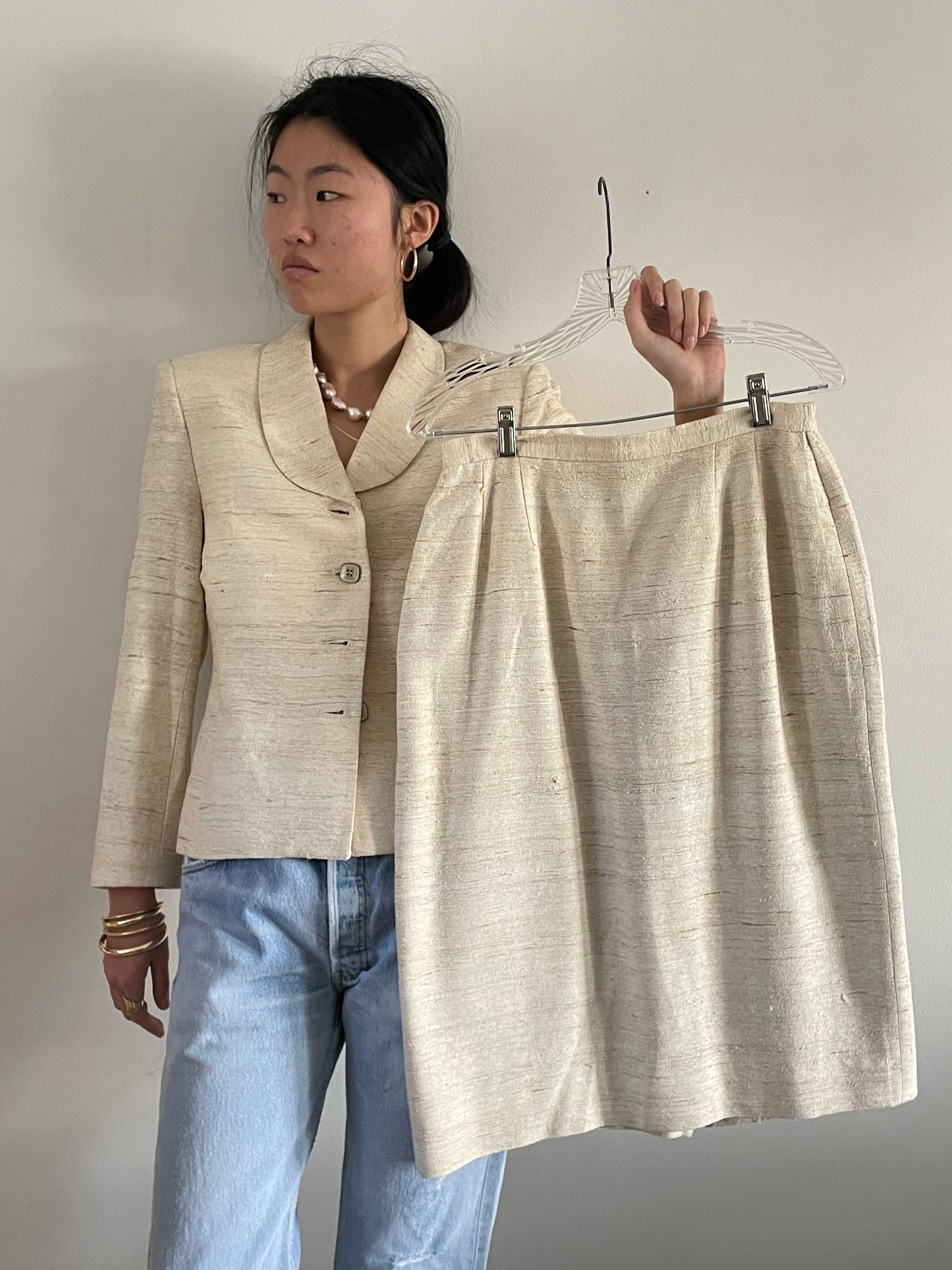 vintage raw silk oatmeal cropped blazer