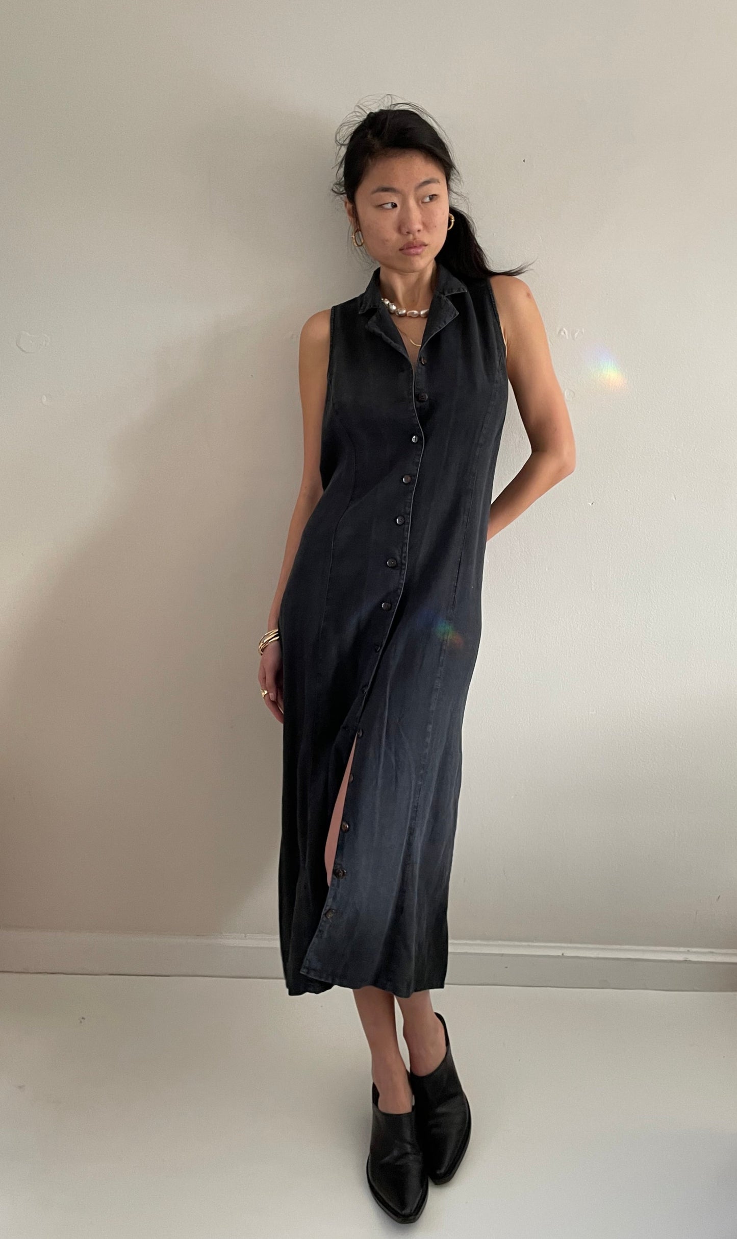 vintage 90s 100% linen black maxi sleeveless shirt dress Med