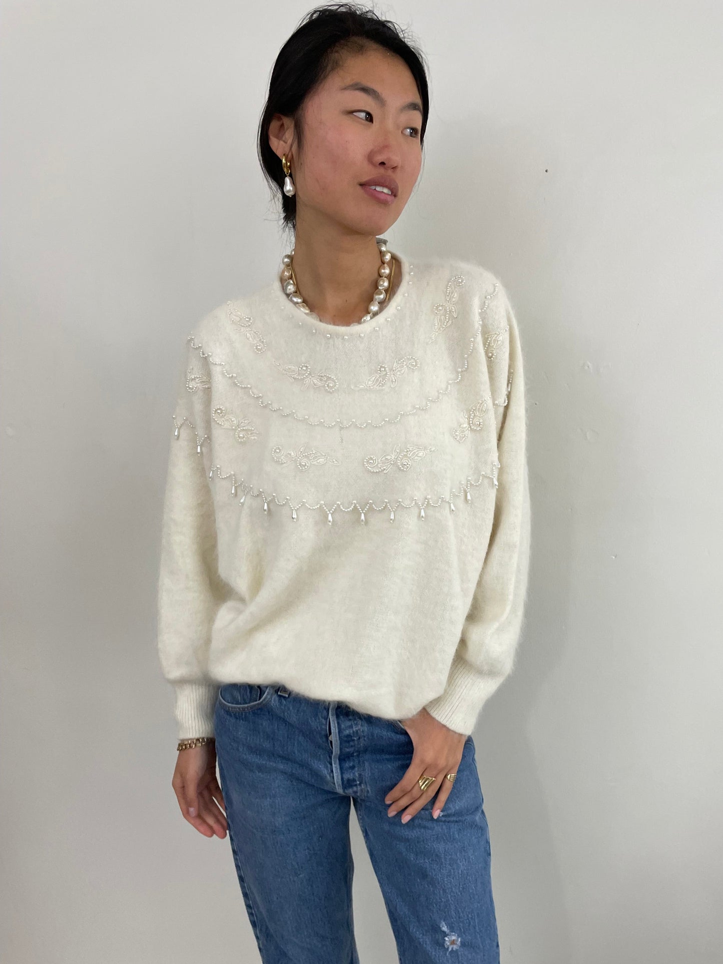 Vintage 90s Angora Beaded White Batwing Sweater Tunic Large