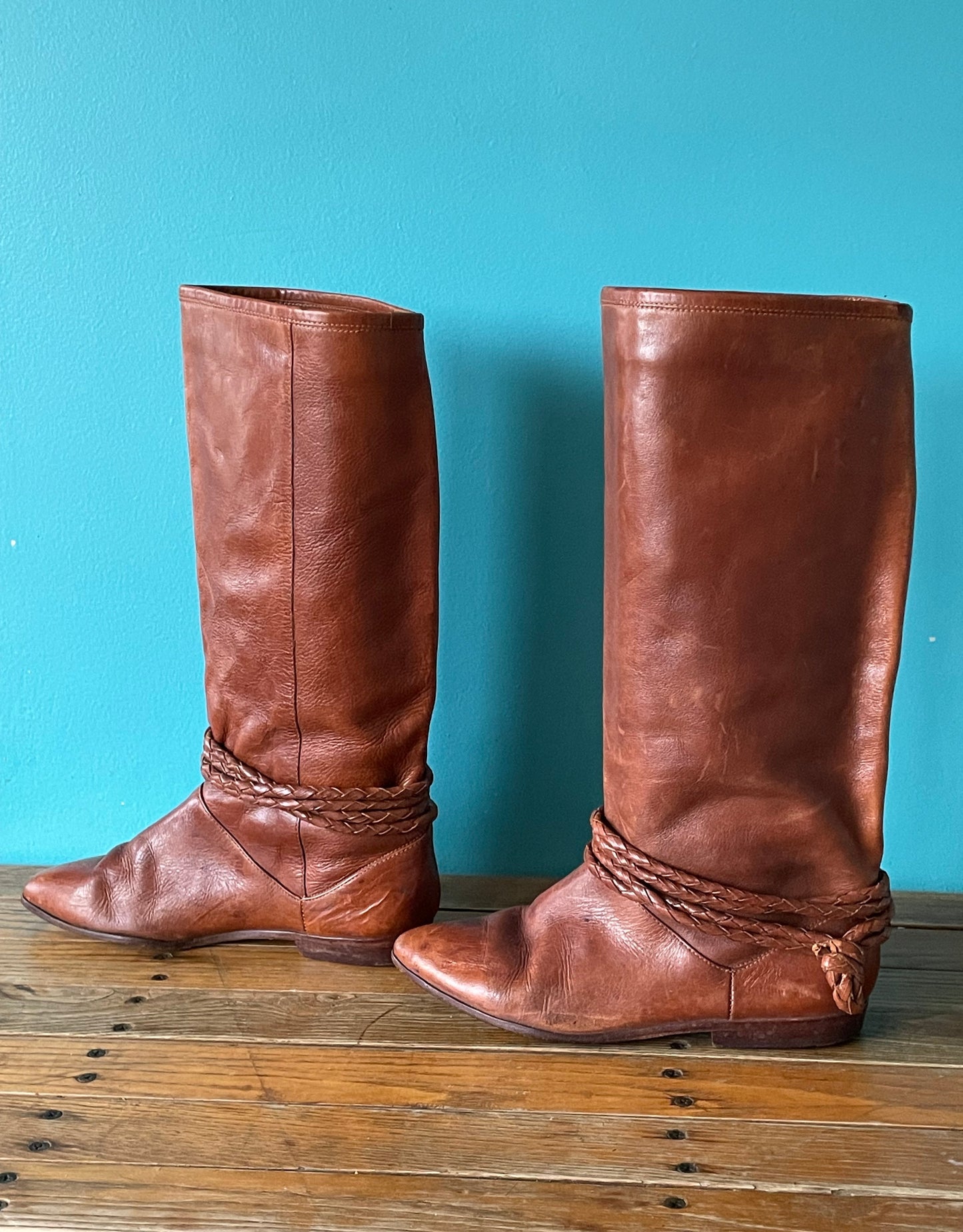 Vintage 80s Tall Leather Slouch Boots Cognac Brown Leather Campus Boots 6