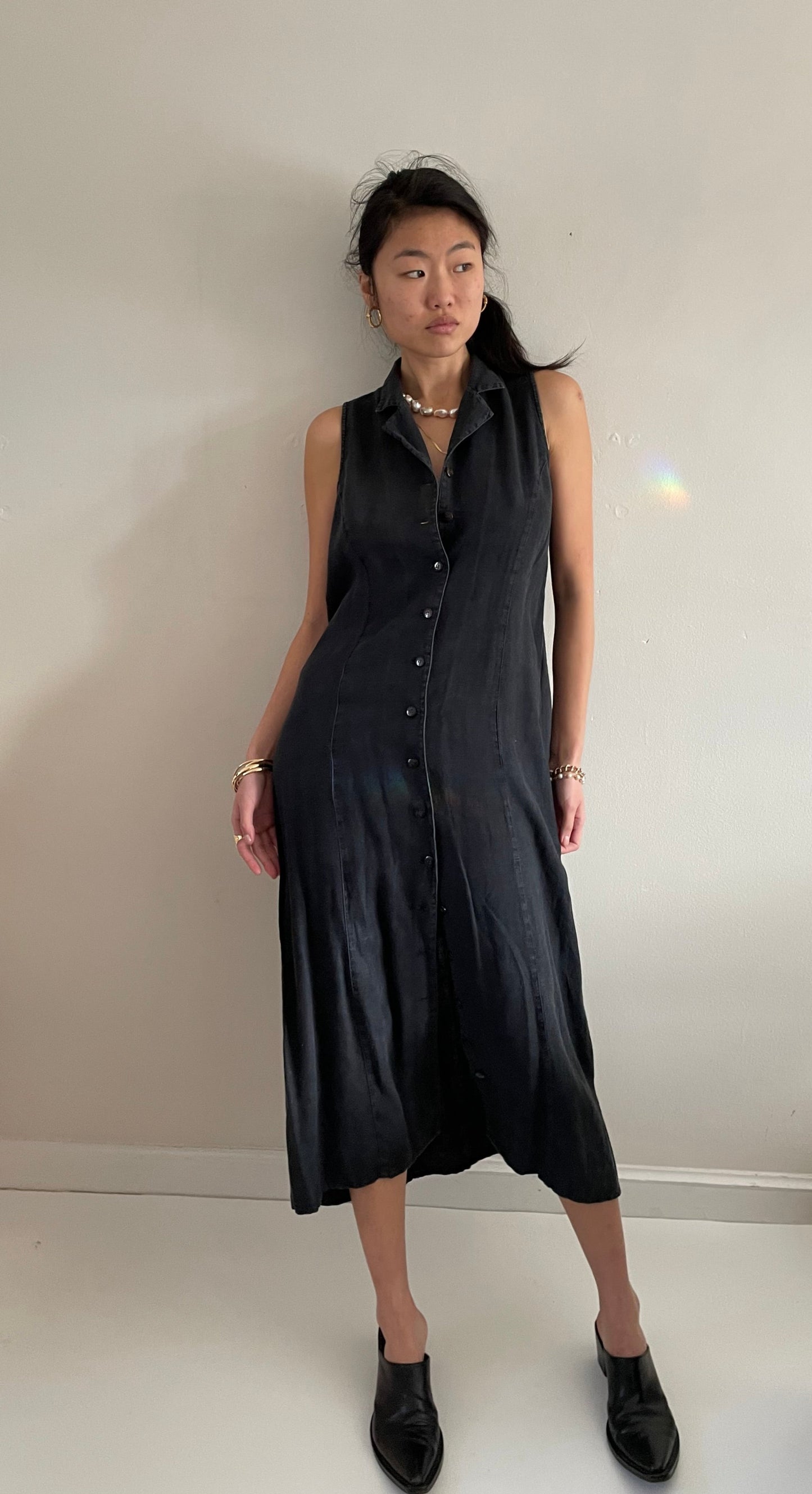 vintage 90s 100% linen black maxi sleeveless shirt dress Med