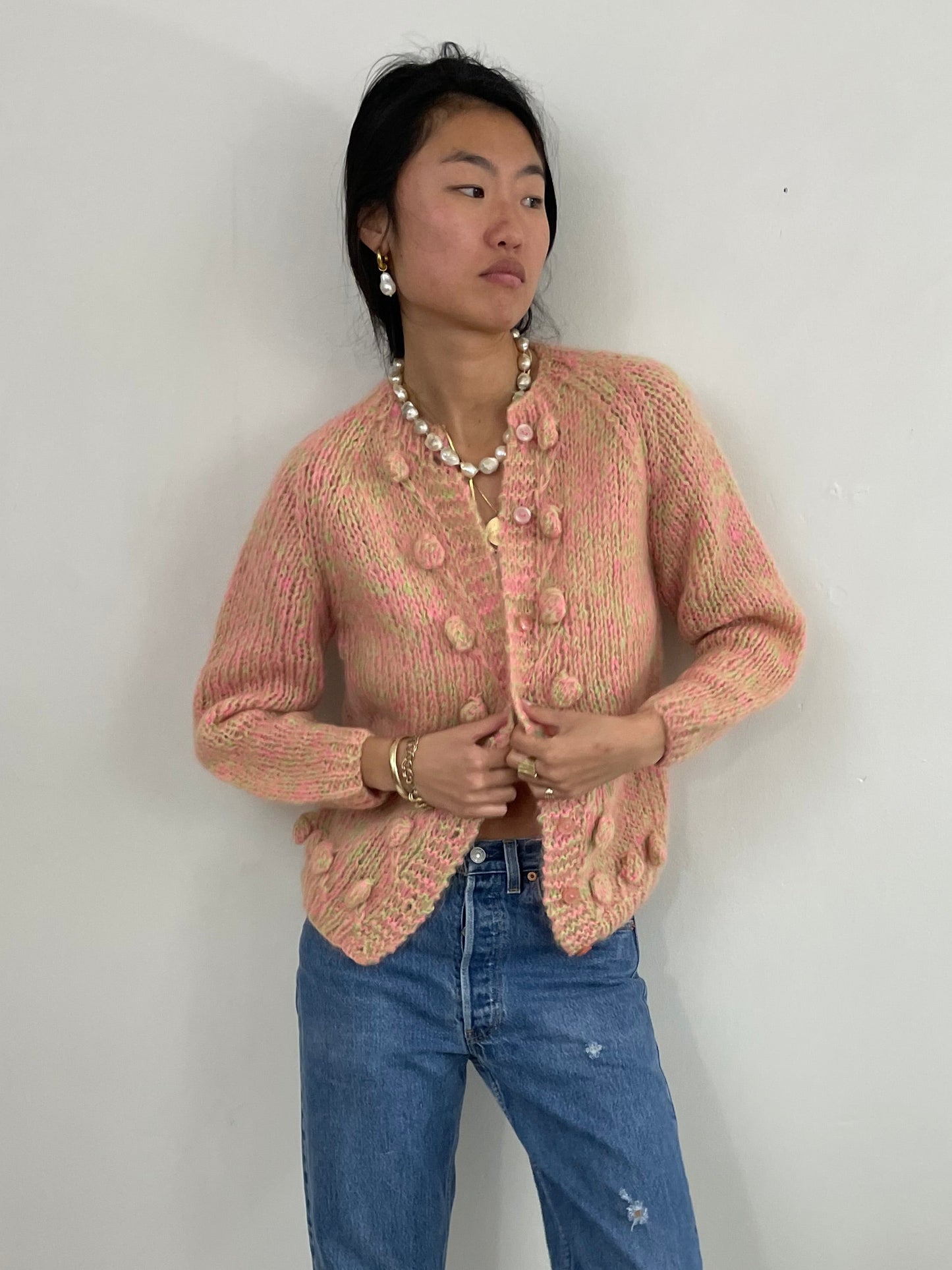 Vintage 60s Mohair Hand Knit Variegated Fuzzy Cardigan M