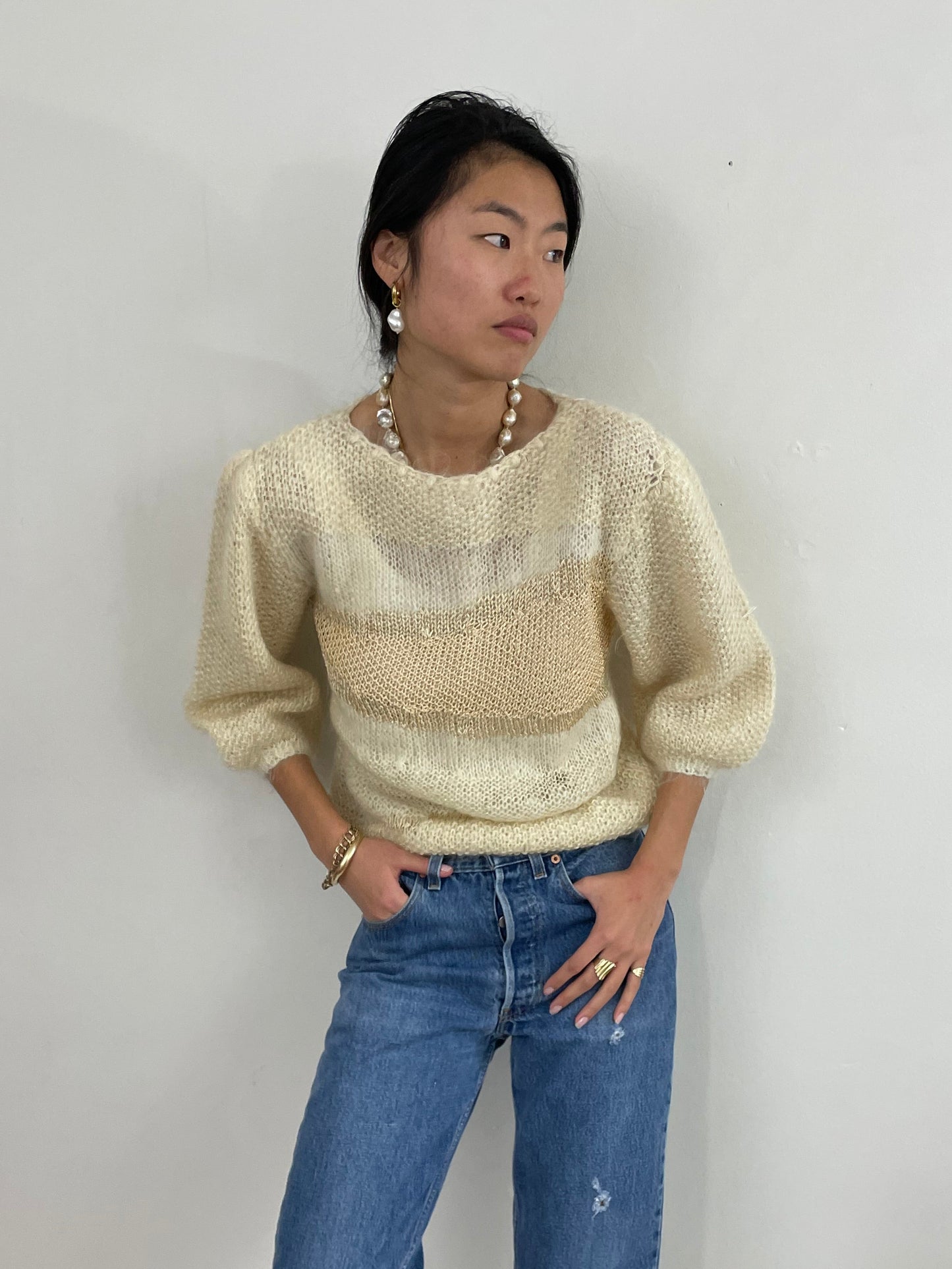 vintage 90s Handknit Mohair + Silk Ivory Fuzzy Boatneck Sweater