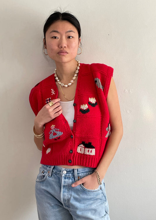 vintage hand knit red wool folklore sweater vest