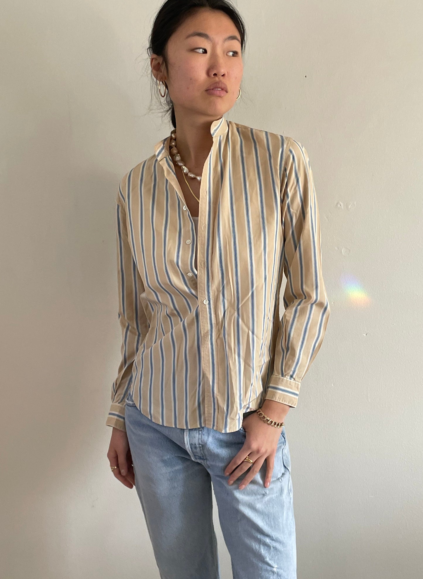 vintage 80s Calvin Klein cotton blouse khaki beige pinstripe