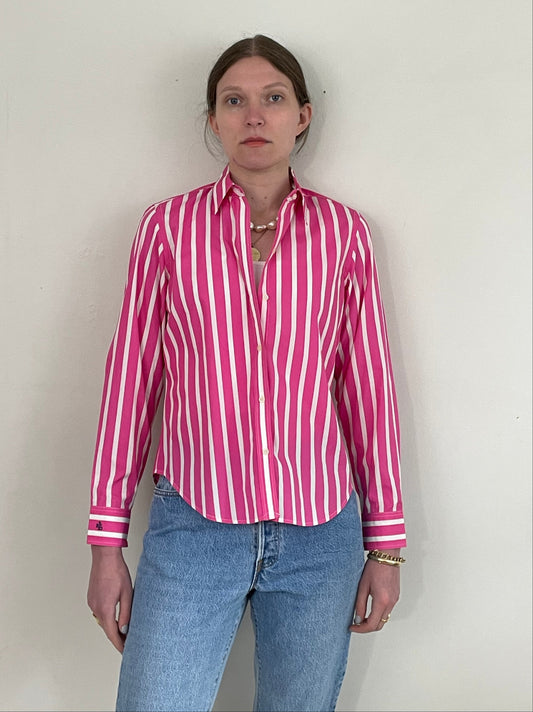 vintage Ralph Lauren hot pink white striped 100% cotton RL petitie cropped blouse Small
