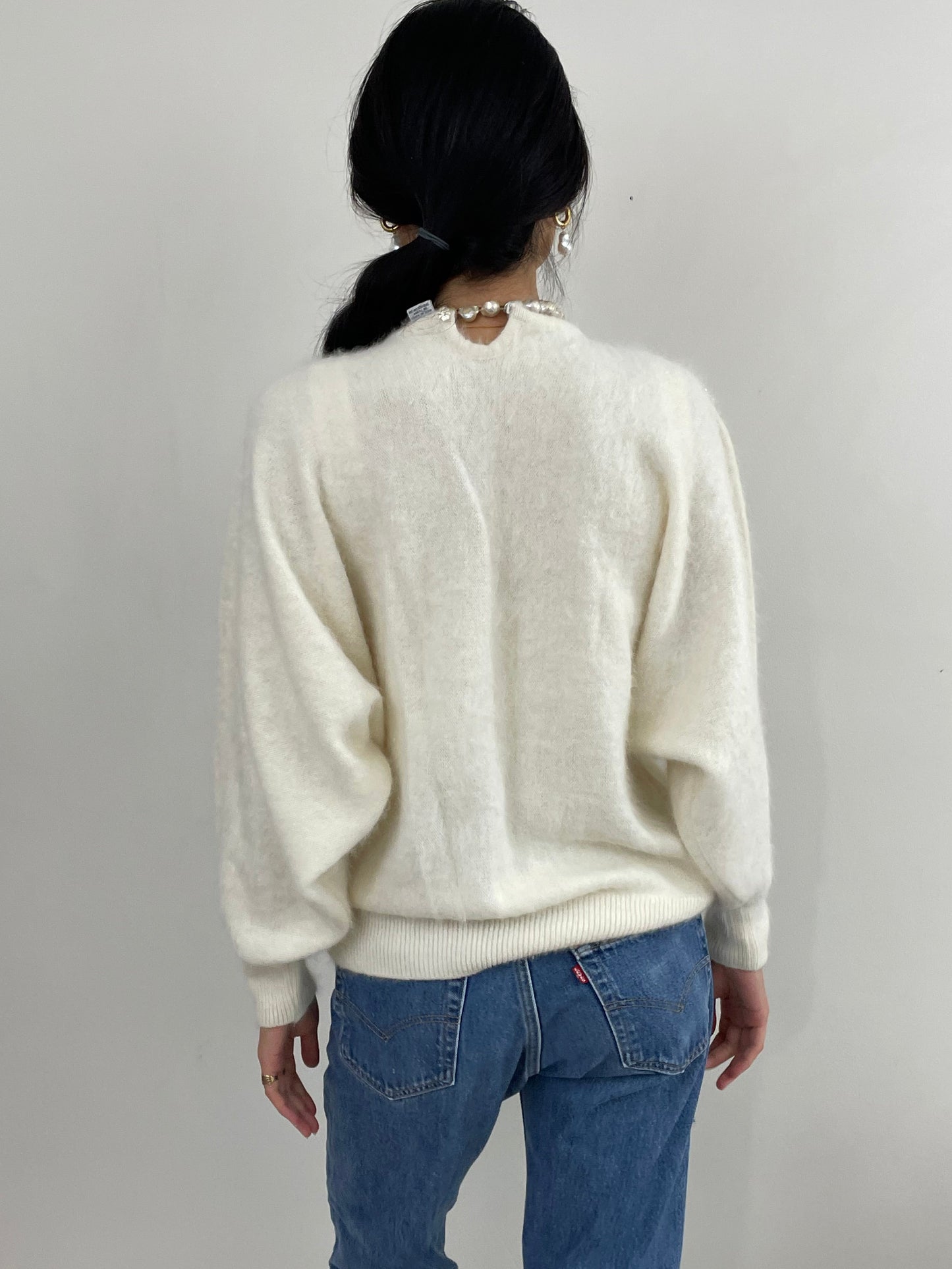 Vintage 90s Angora Beaded White Batwing Sweater Tunic Large