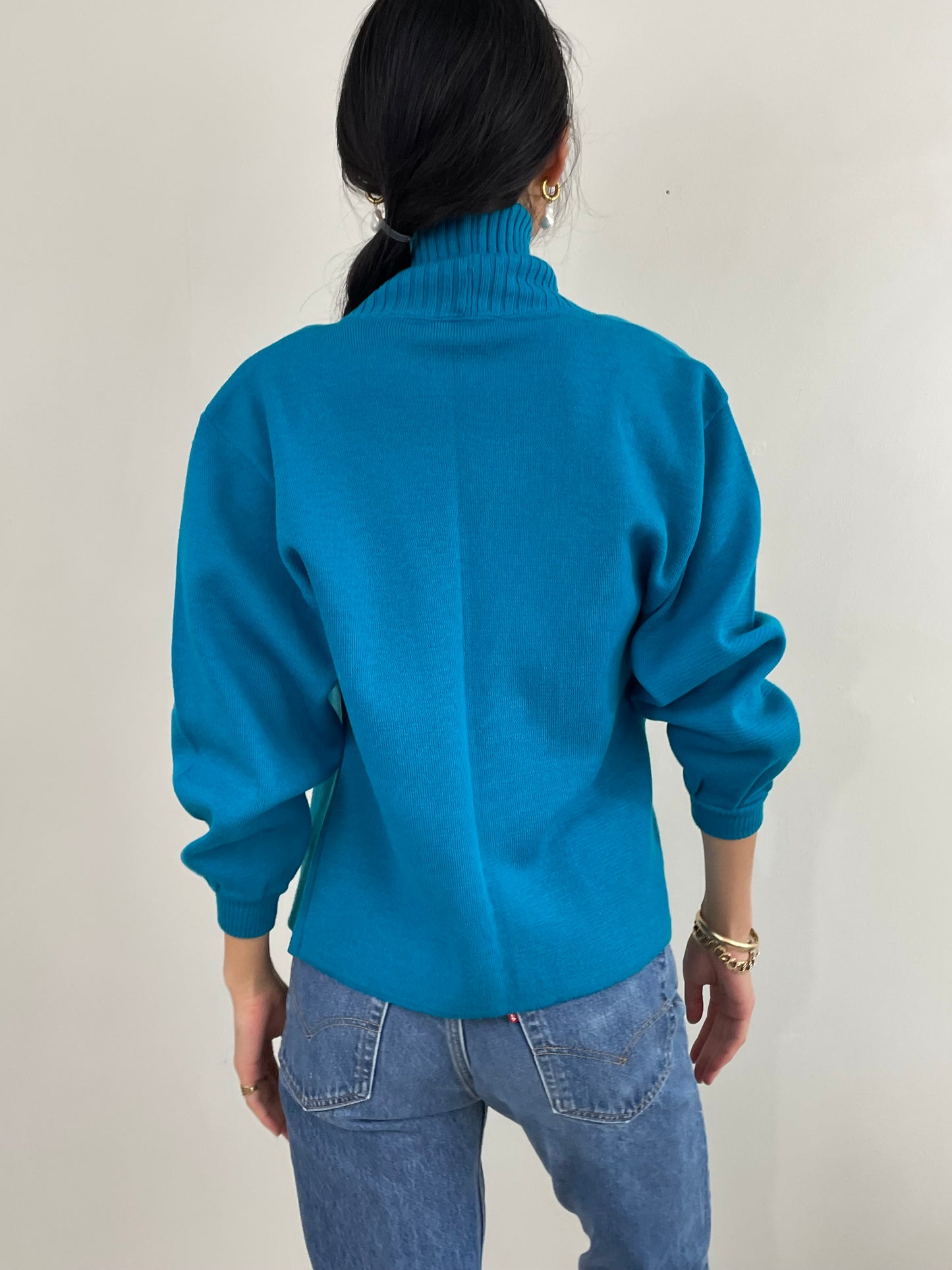 Vintage 70s Jaeger Wool Teal Shawl Collar Cardigan Small