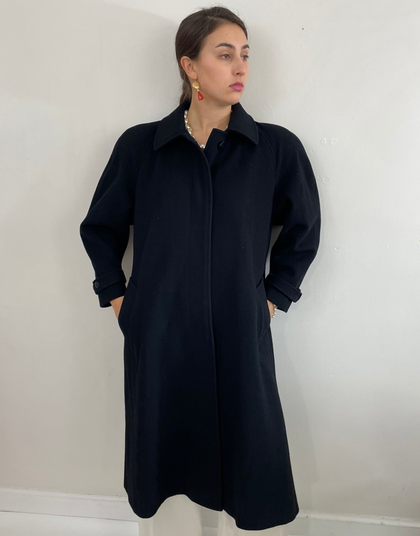 Vintage 90s Long Black Wool Overcoat Winter Coat