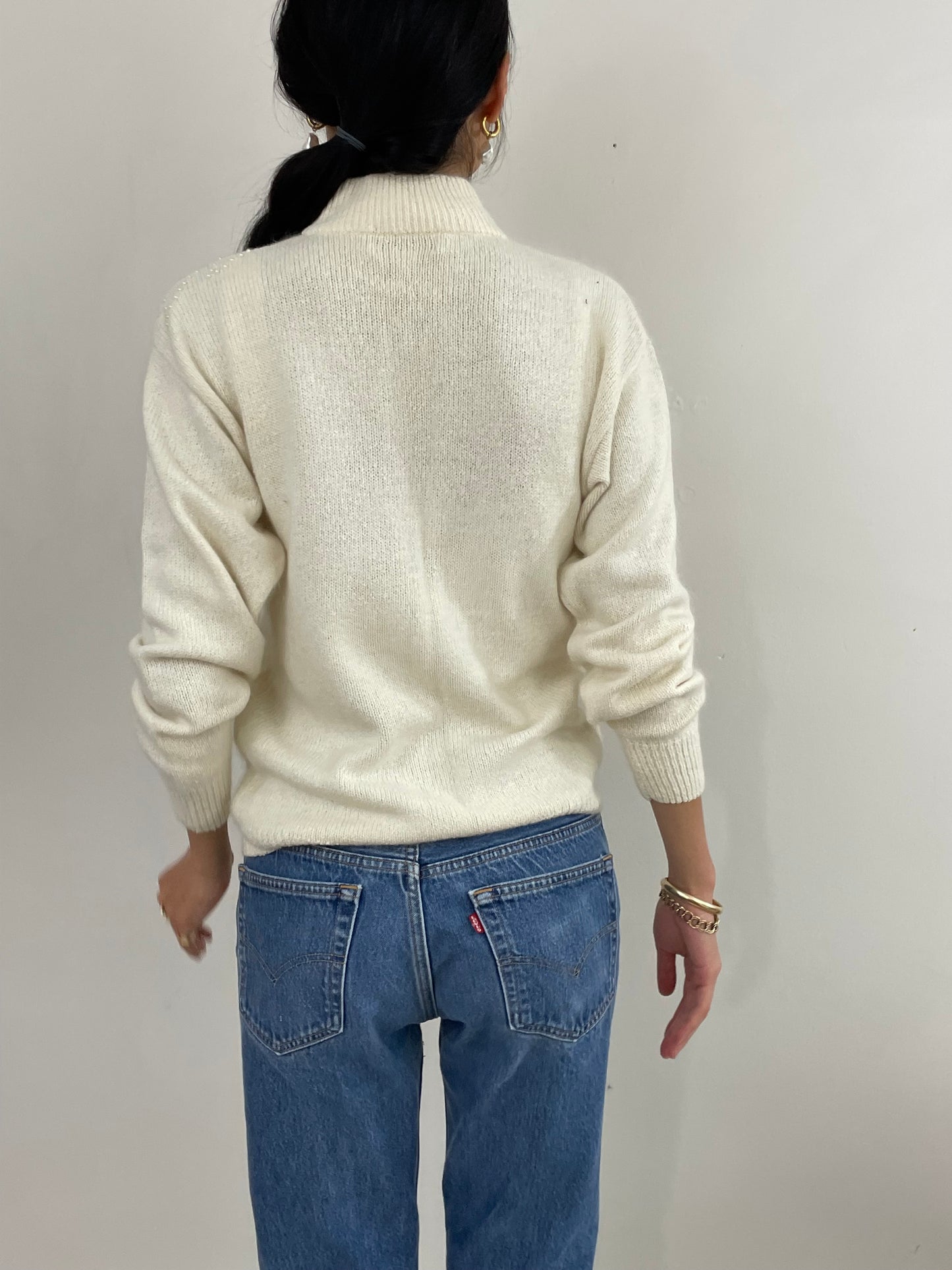 Vintage 90s Beaded Silk Angora Mockneck White Sweater Med