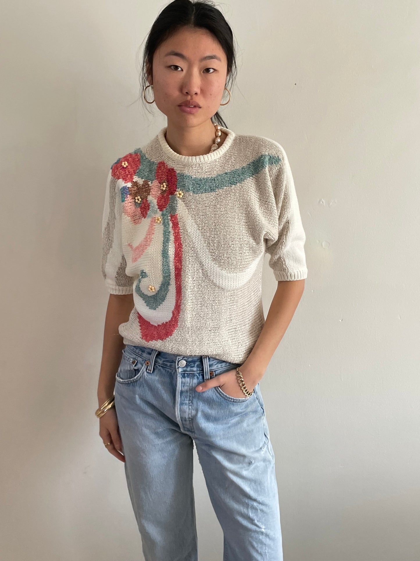 vintage white cotton intarsia floral batwing sweater