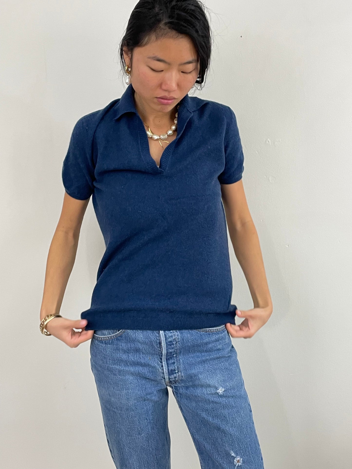 Vintage Paul Stuart Cashmere Collared Short Sleeve Sweater Medium