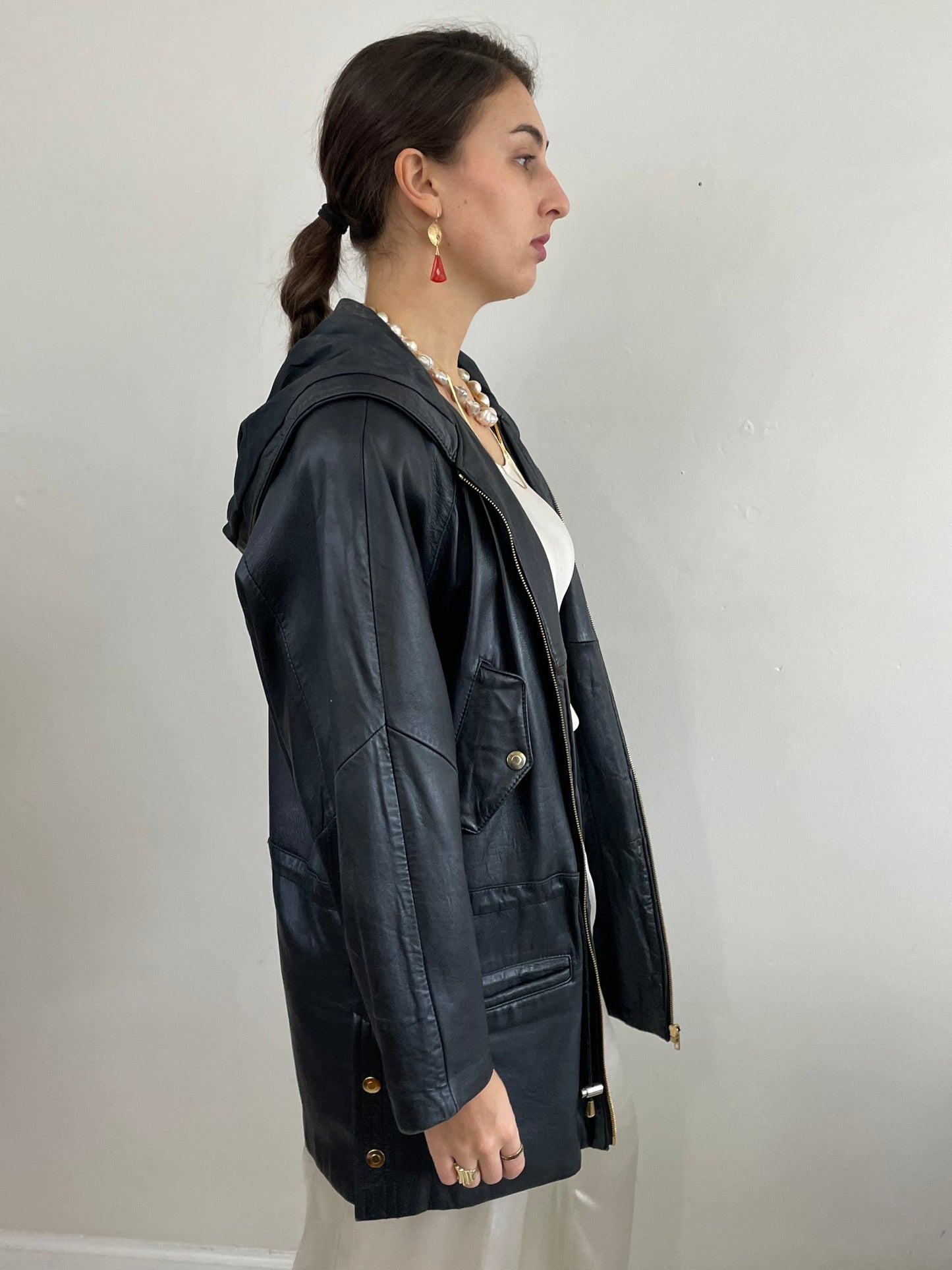 Vintage 90s Black Leather Jacket: Hooded Raglan Sleeve Zip Front Coat Medium