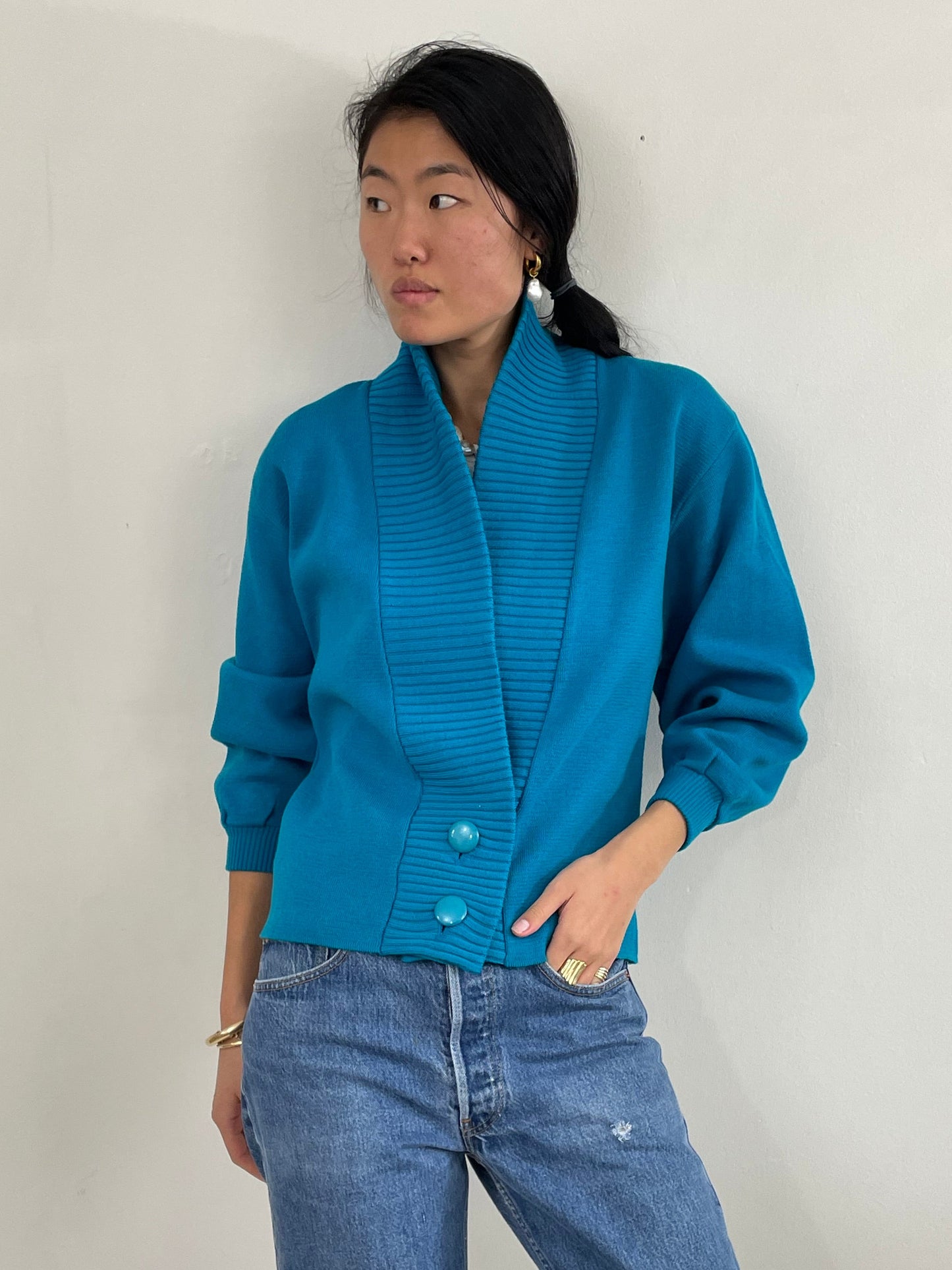 Vintage 70s Jaeger Wool Teal Shawl Collar Cardigan Small