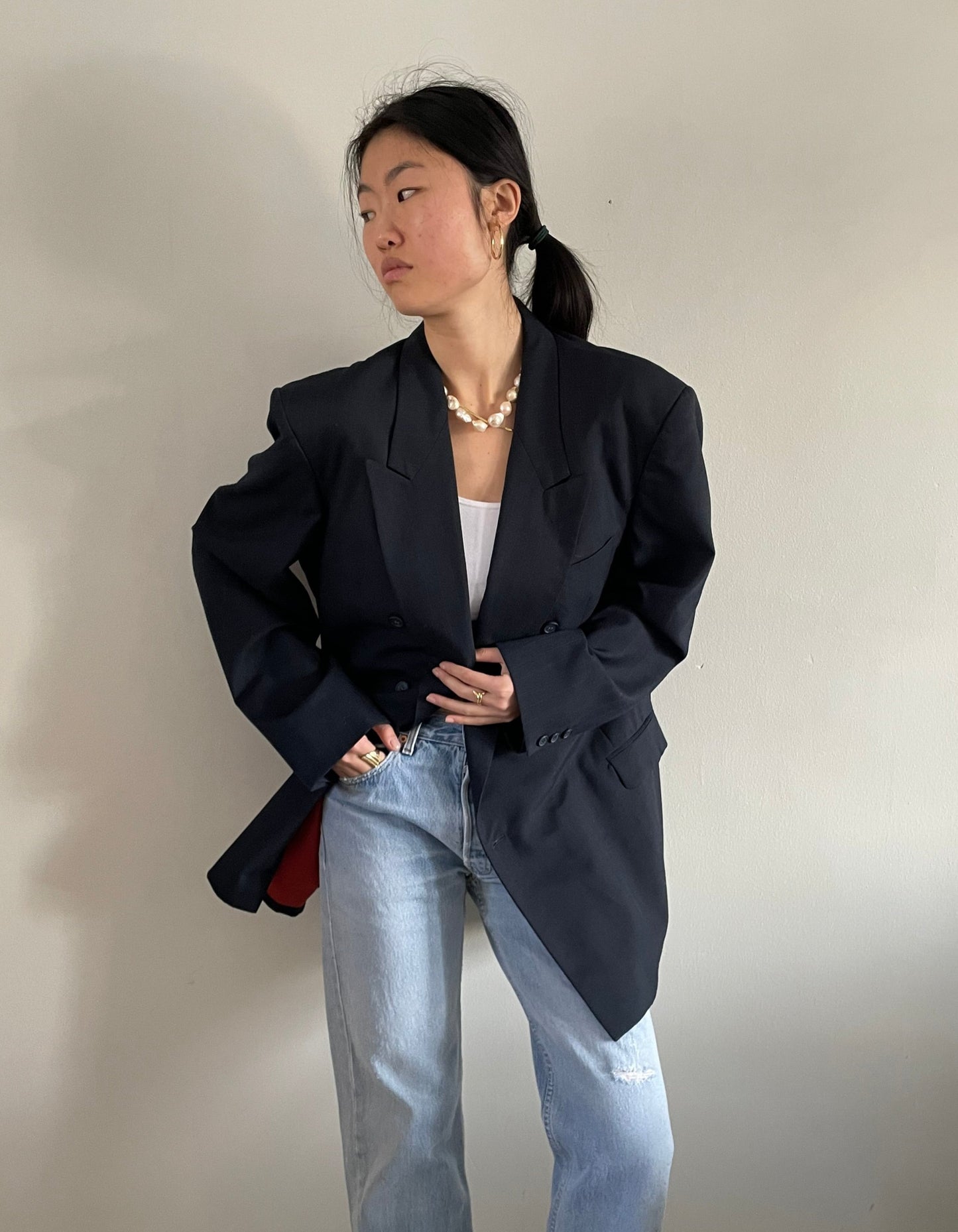 vintage oversized double breasted peaked lapel midnight navy blue menswear boyfriend blazer