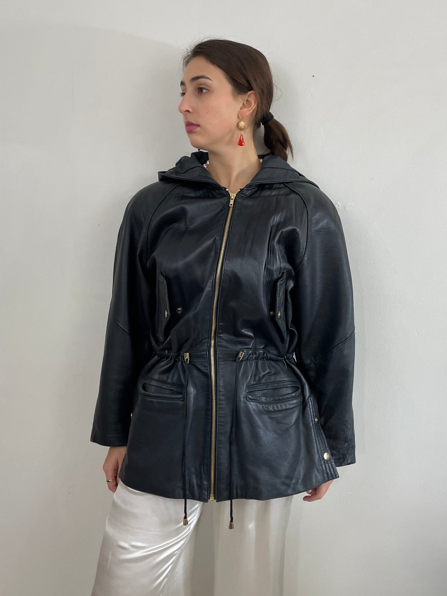 Vintage 90s Black Leather Jacket: Hooded Raglan Sleeve Zip Front Coat Medium