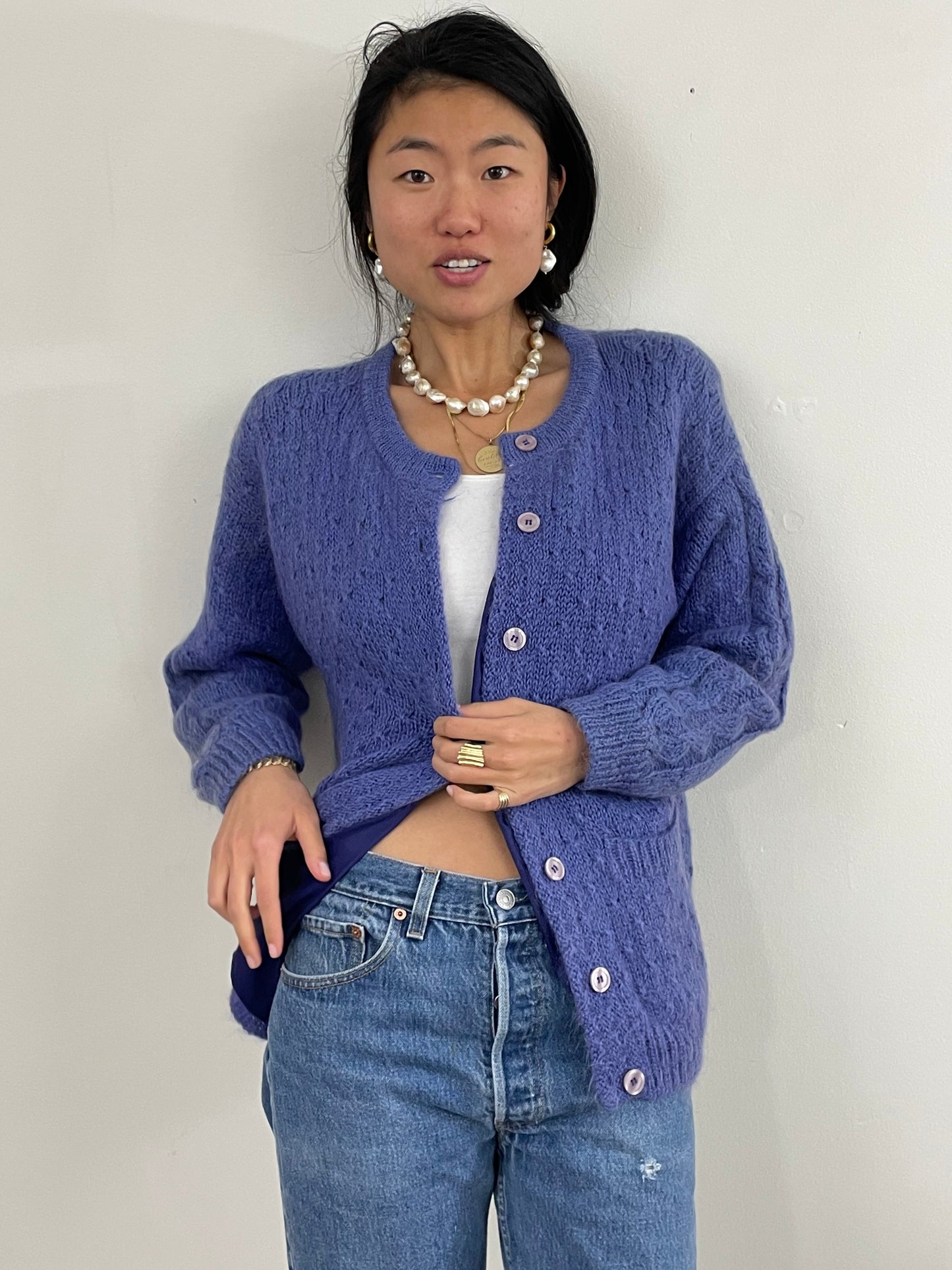 Vintage 90s Mohair Cable Knit Violet Oversized Shacket Sweater L