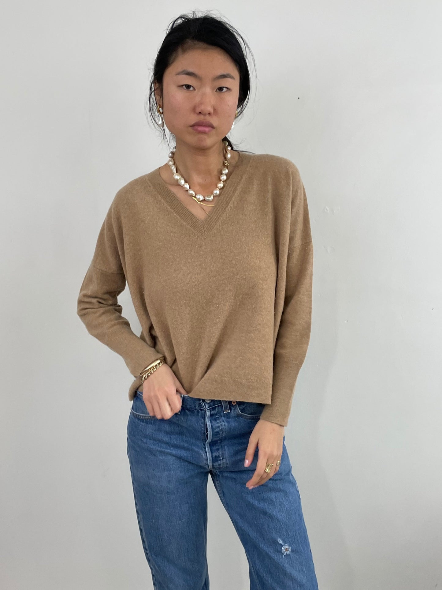 Y2K Cashmere Relaxed V Neck Camel Sweater Large