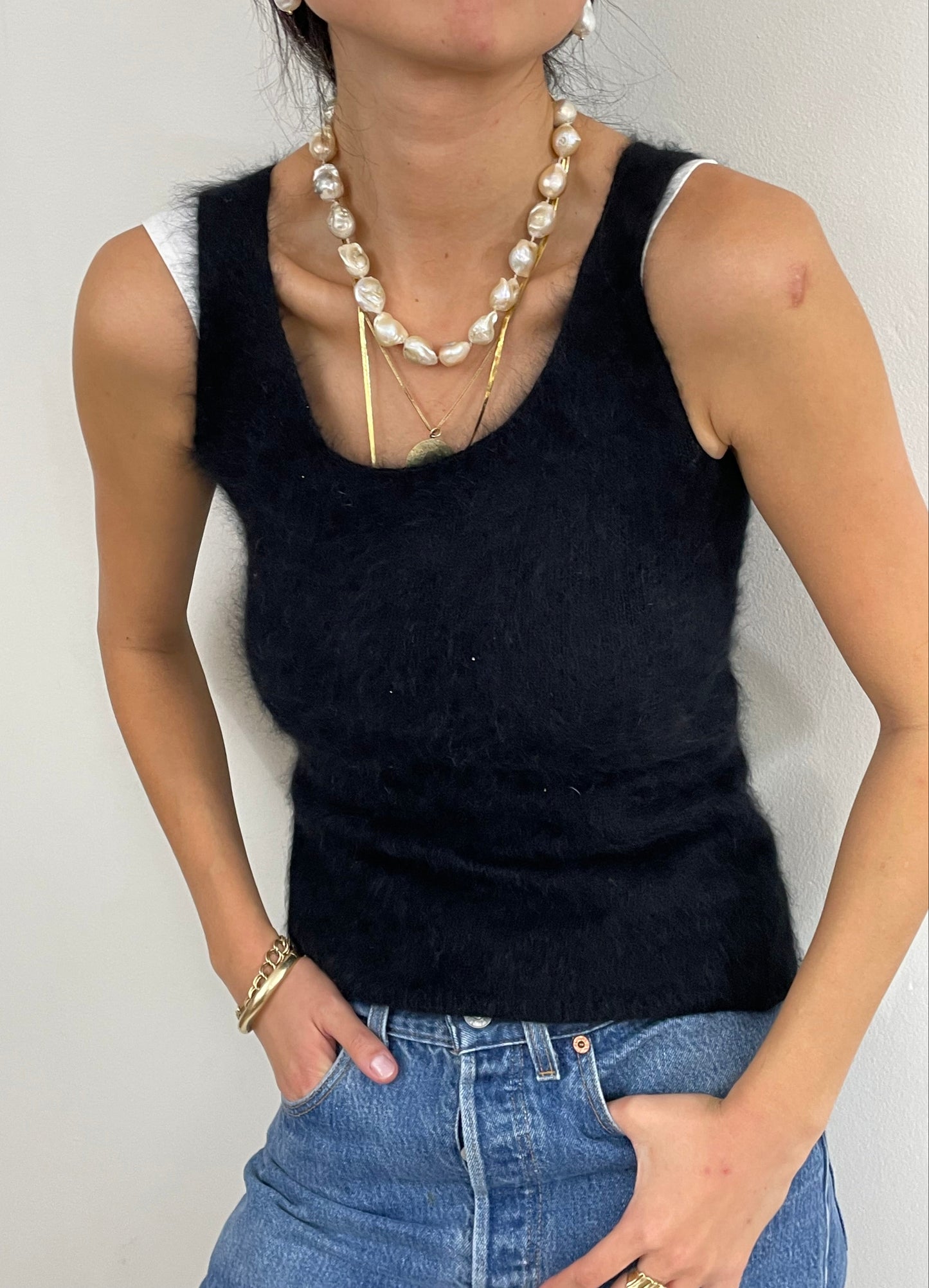 Vintage Angora Fuzzy Black Sleeveless Sweater Tank XS