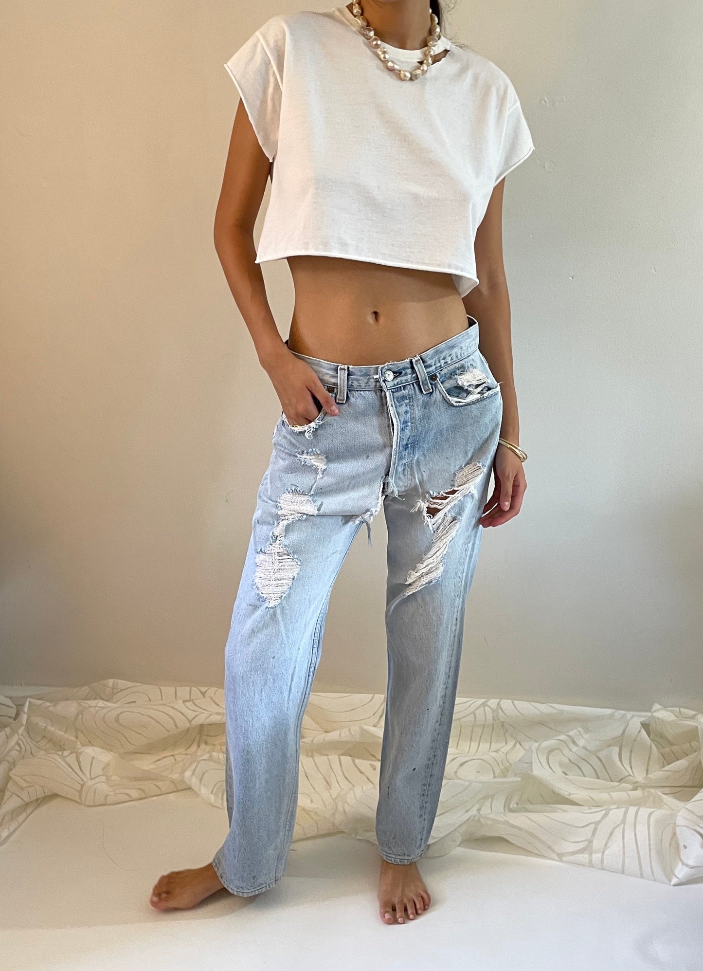 vintage 70s Levi's 501 soft faded torn shredded shrink to fit Levis jeans tall size 32 baggy