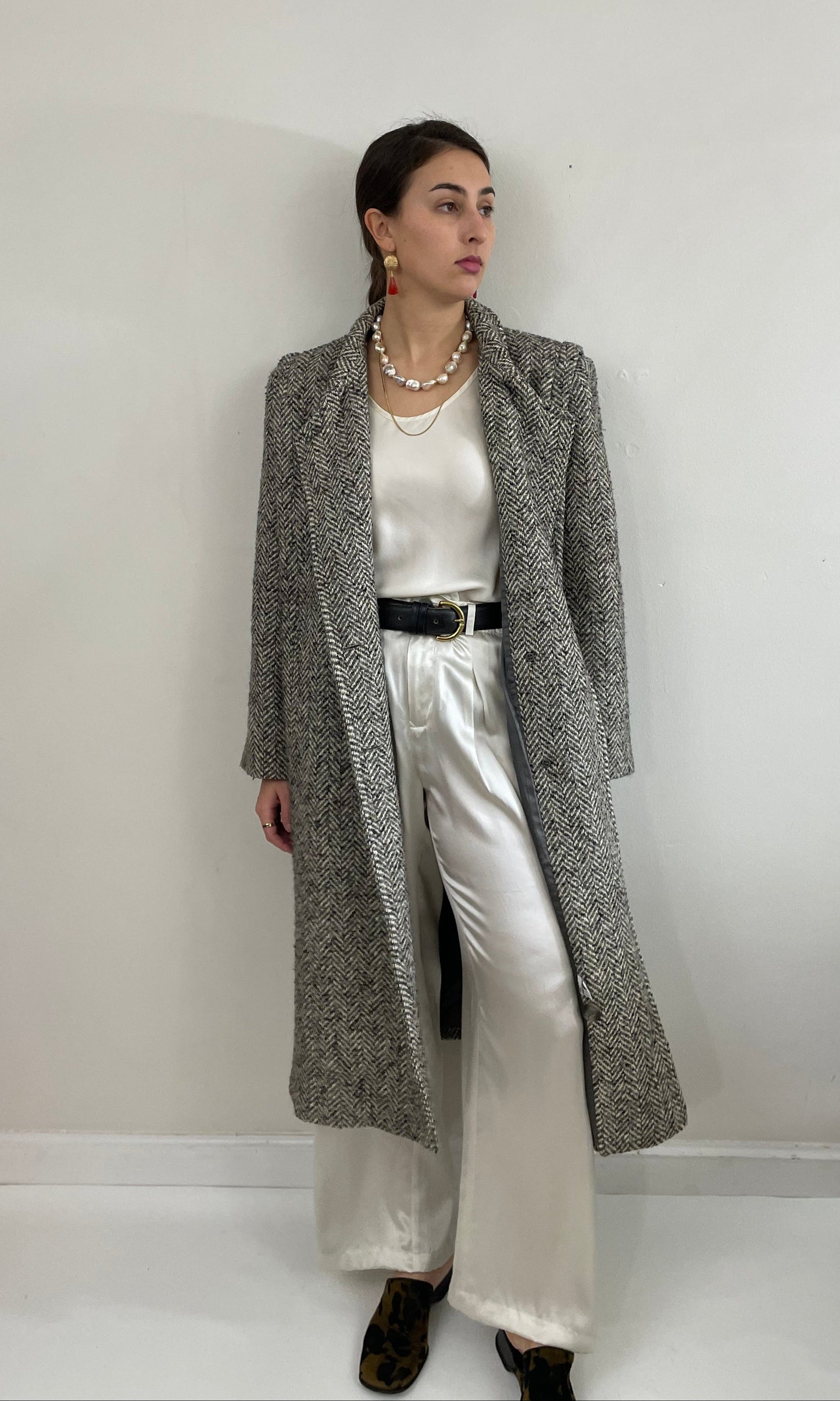 Vintage 90s Long Herringbone Tweed Double Breasted Overcoat Winter