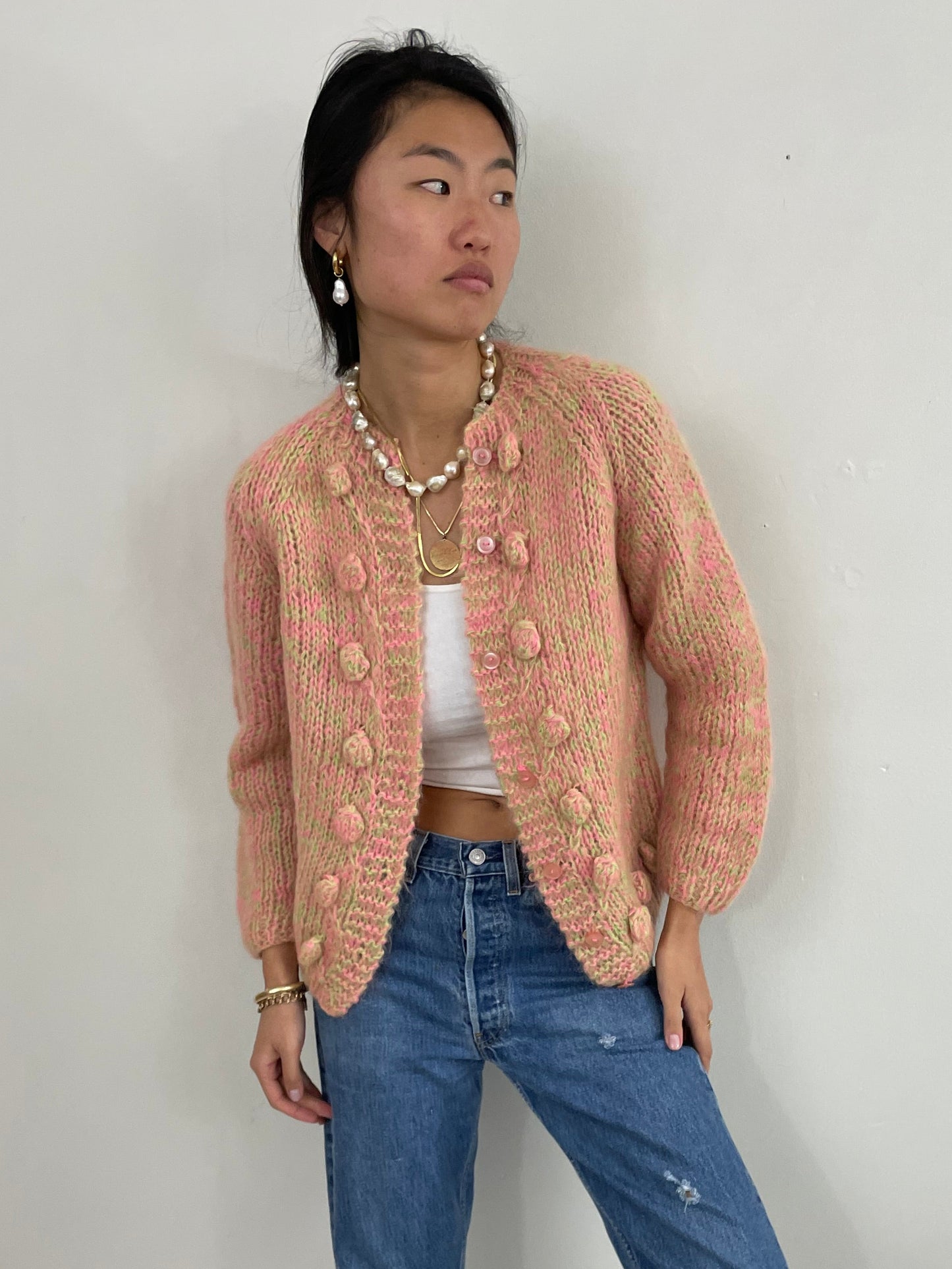 Vintage 60s Mohair Hand Knit Variegated Fuzzy Cardigan M