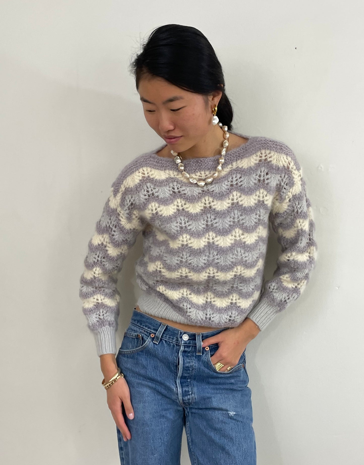 Vintage 70s Hand Knit Mohair Chevron Pointelle Open Knit Sweater