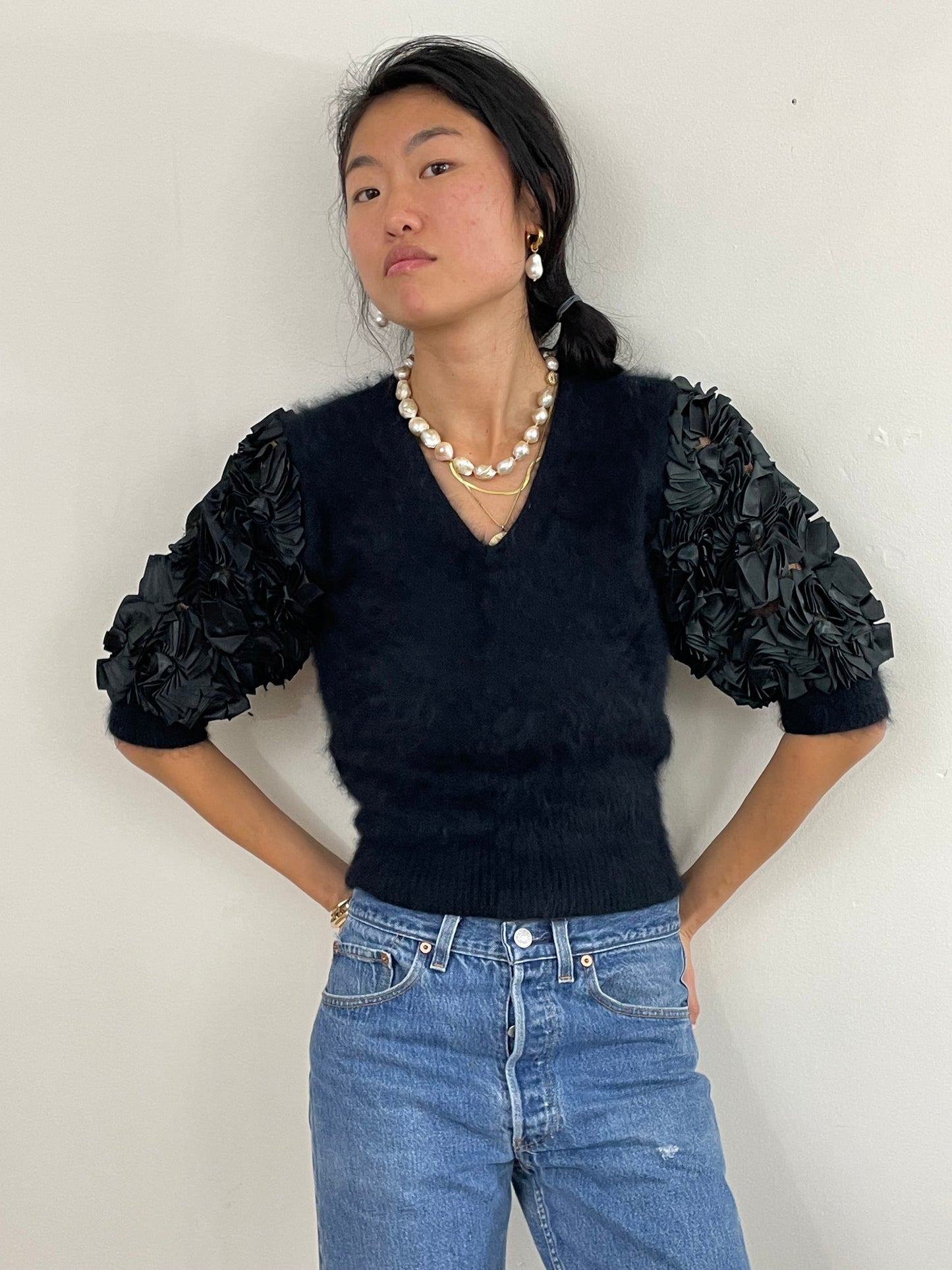 Vintage 80s Angora Puff Sleeve Black Fuzzy Sweater Med