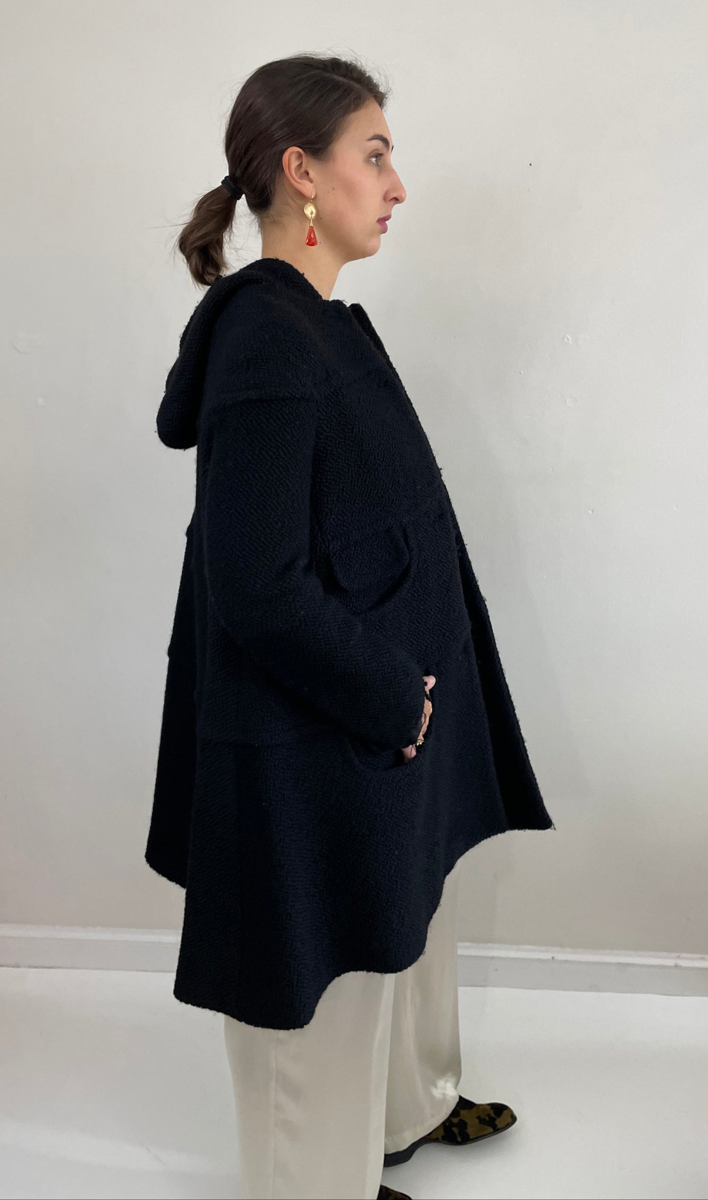 Vintage Black Boucle Wool Martin Grant Paris Hooded Swing Coat + Silver Buttons