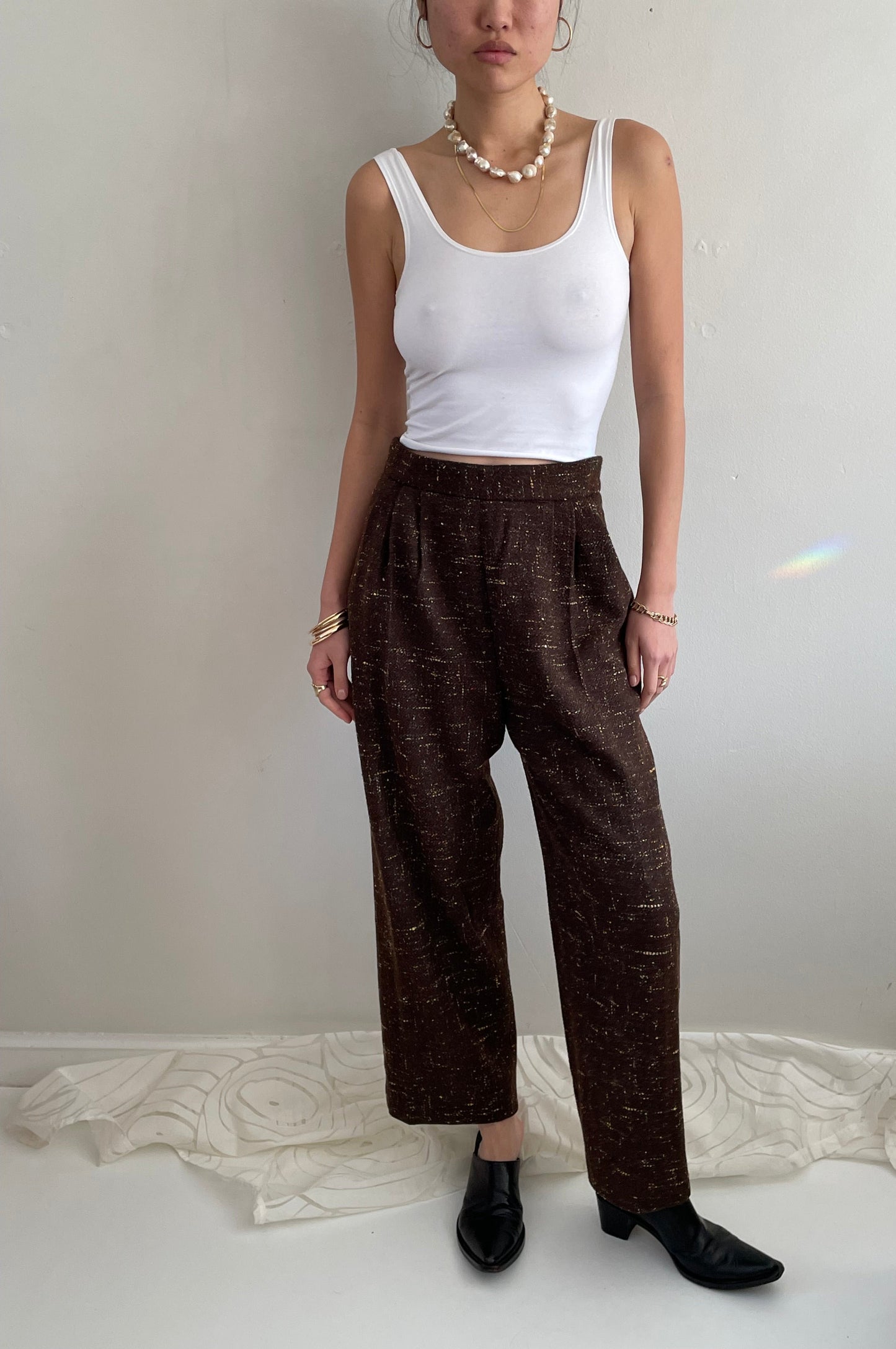 Vintage 90s Tweed Wide Leg Pleated Pants | Brown Wool Speckled Pants size 28 Waist