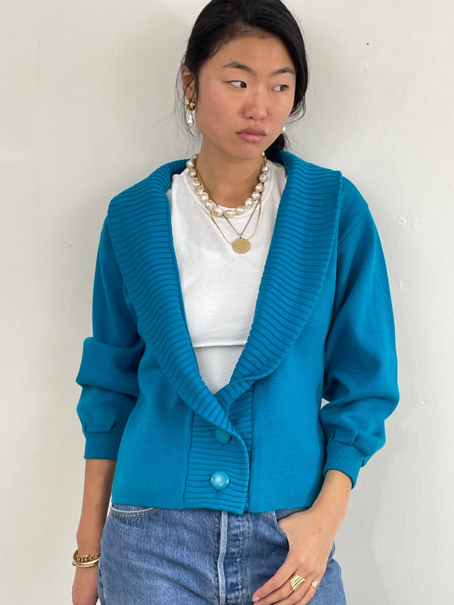 Vintage 70s Jaeger Wool Teal Shawl Collar Cardigan Small