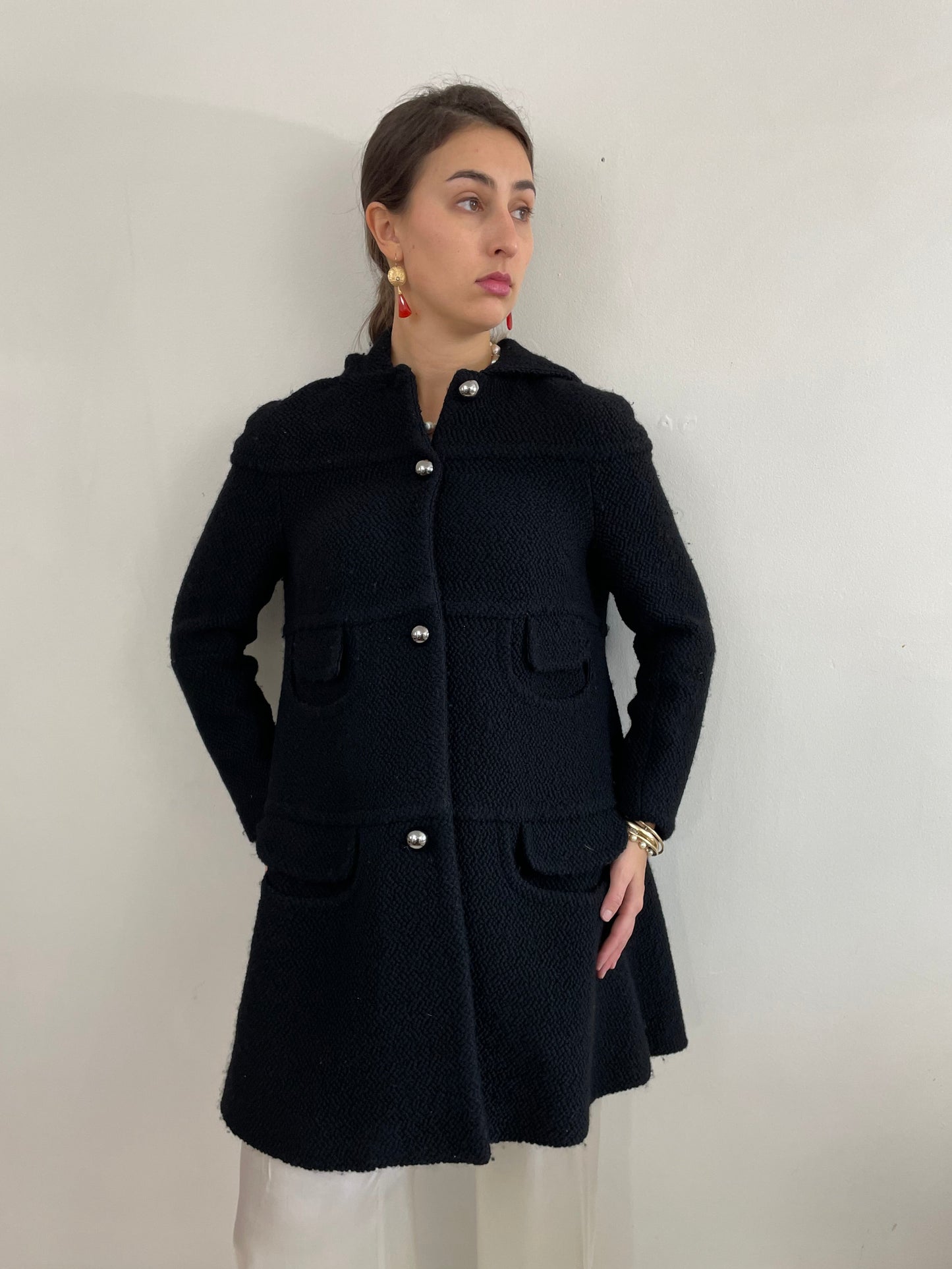 Vintage Black Boucle Wool Martin Grant Paris Hooded Swing Coat + Silver Buttons