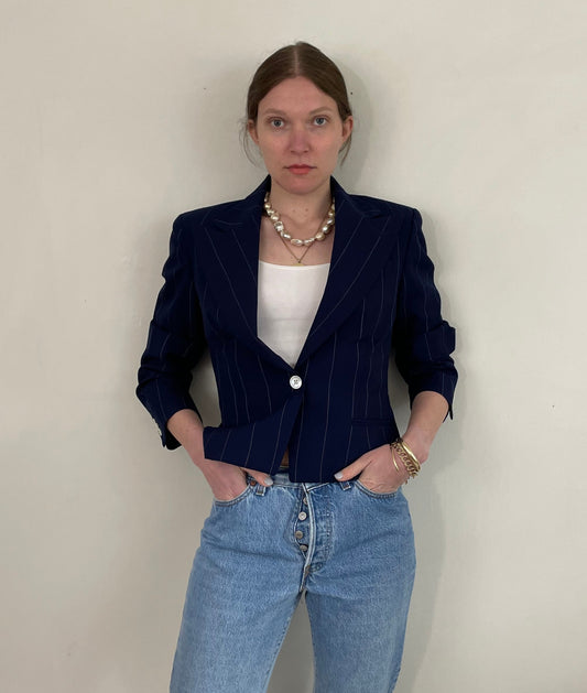 Vintage 80s Ralph Lauren Cropped Pinstripe Navy Blue Wool Blazer | made in USA size 4 Small