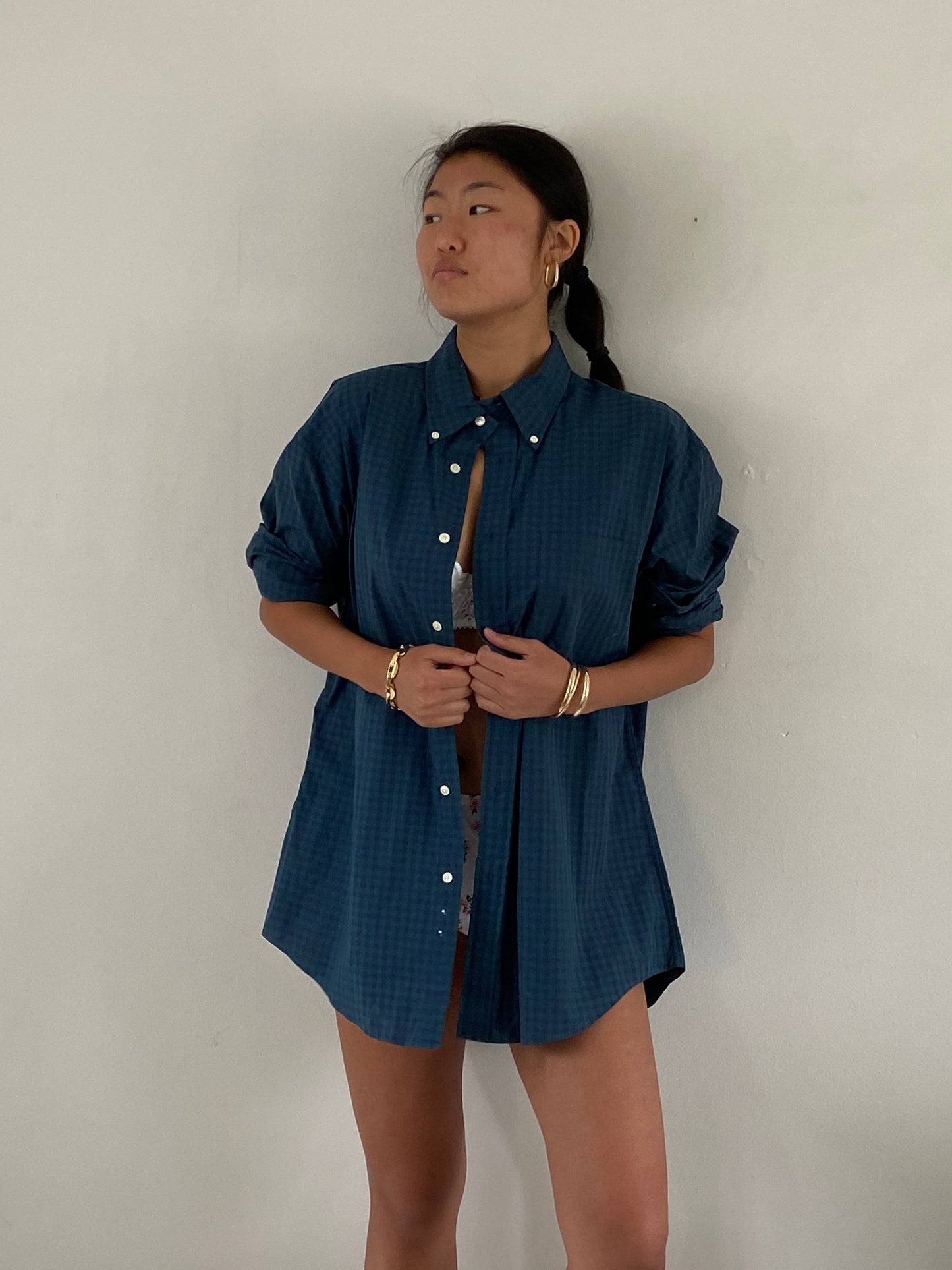 vintage 90s Brooks Brothers Navy Blue + Forest Green Gingham Oversized Button Down Boyfriend Shirt XL