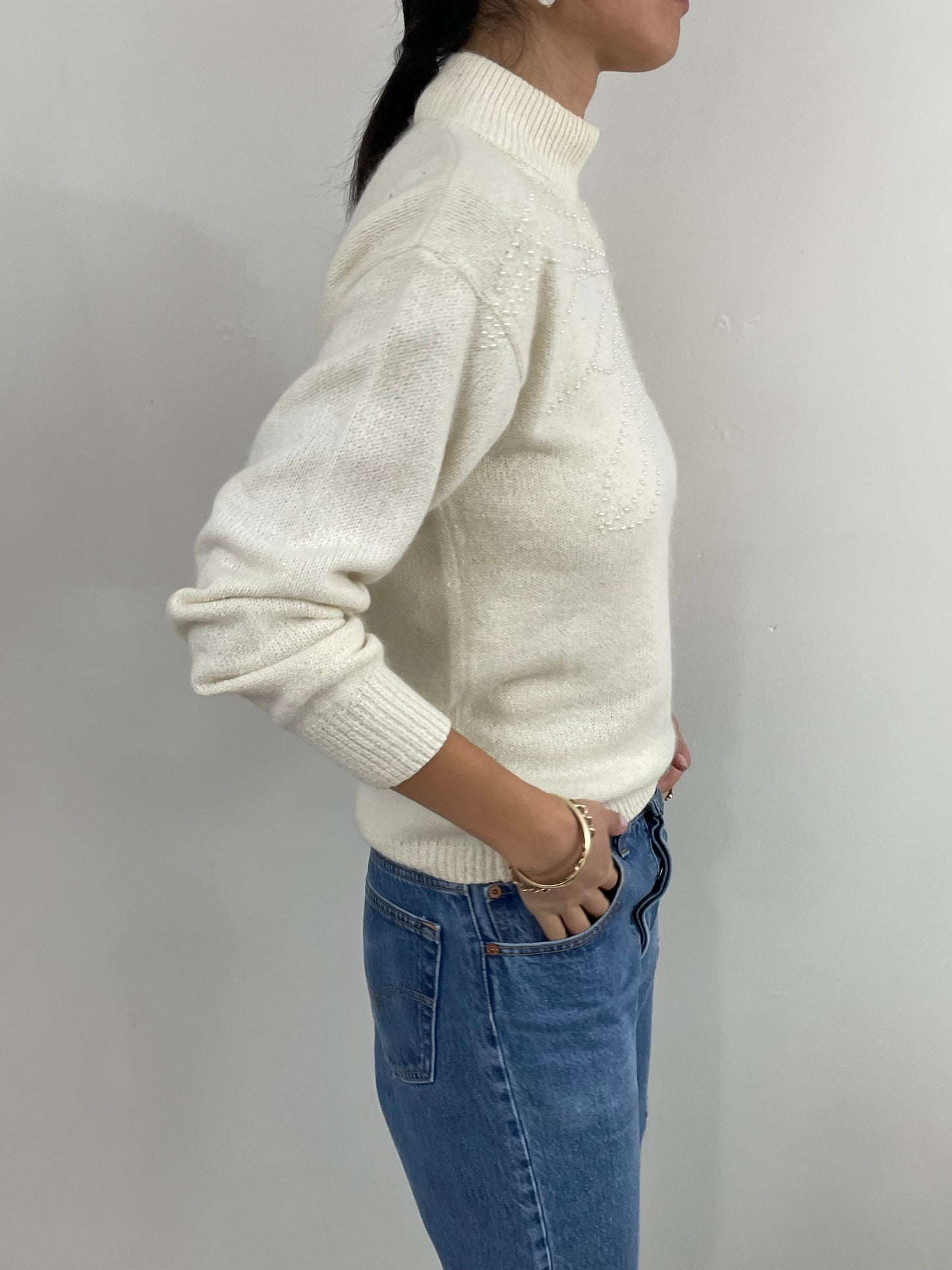 Vintage 90s Beaded Silk Angora Mockneck White Sweater Med