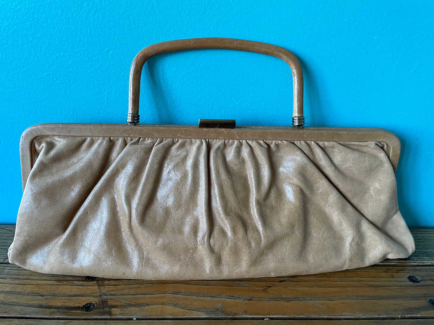 vintage leather baguette purse handbag | tan leather long smooth minimalist baguette with top handle