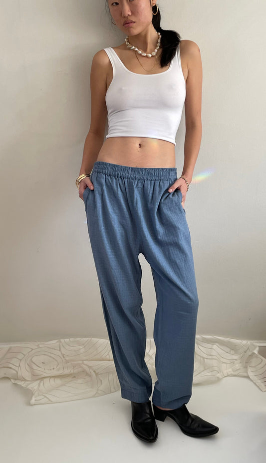 vintage raw 100% silk elastic waist slate blue easy jogger track suit pants | medium