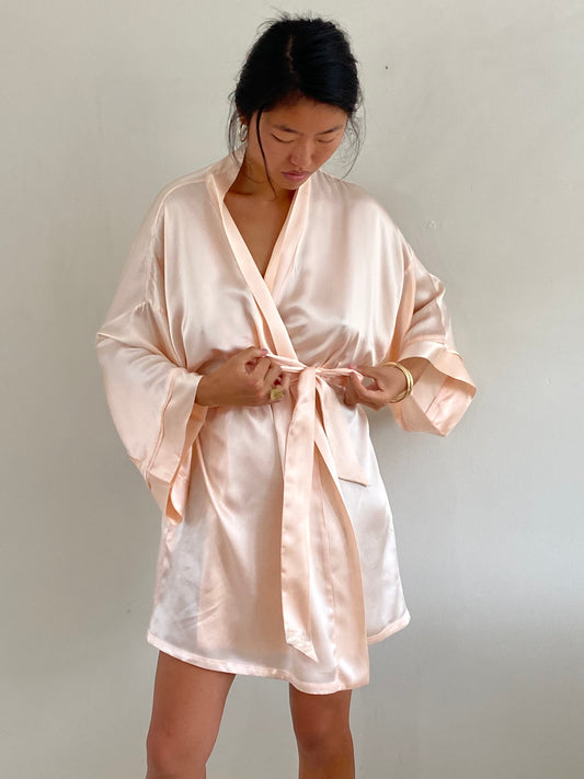 vintage 90s 100% silk charmeuse blush pink kimono robe L dress