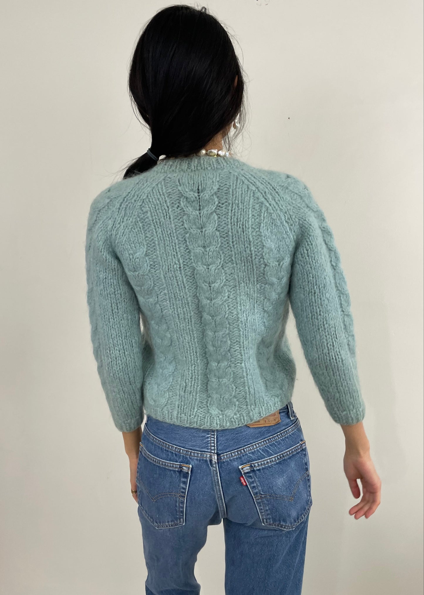 Vintage 60s Mohair Hand Knit Robins Egg Blue Cropped Cable Sweater S