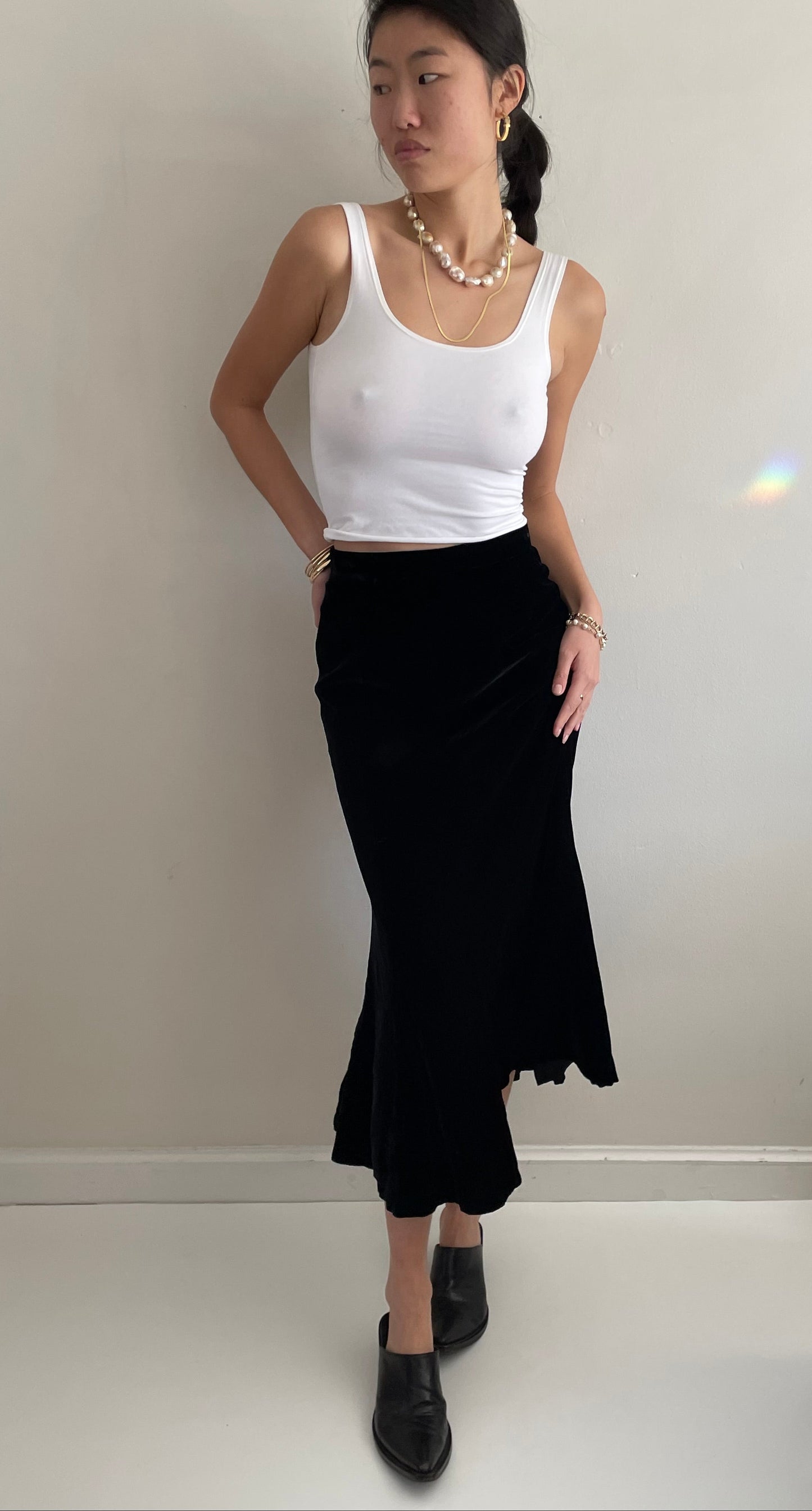 Vintage 90s Black Silk Velvet Tulip Maxi Skirt | 25 waist