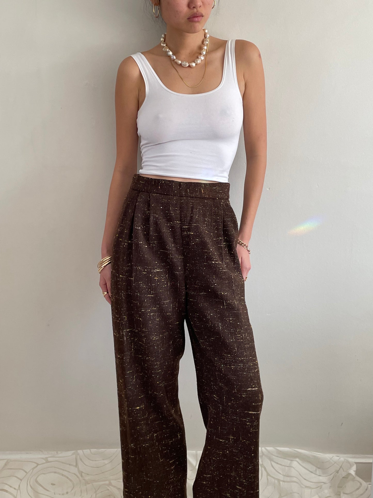 Vintage 90s Tweed Wide Leg Pleated Pants | Brown Wool Speckled Pants size 28 Waist