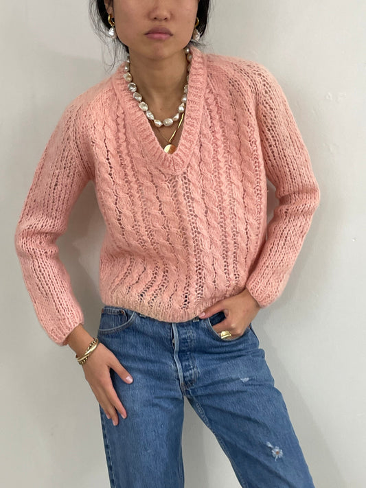 Vintage 60s Hand Knit Baby Pink Mohair Cropped Sweater M