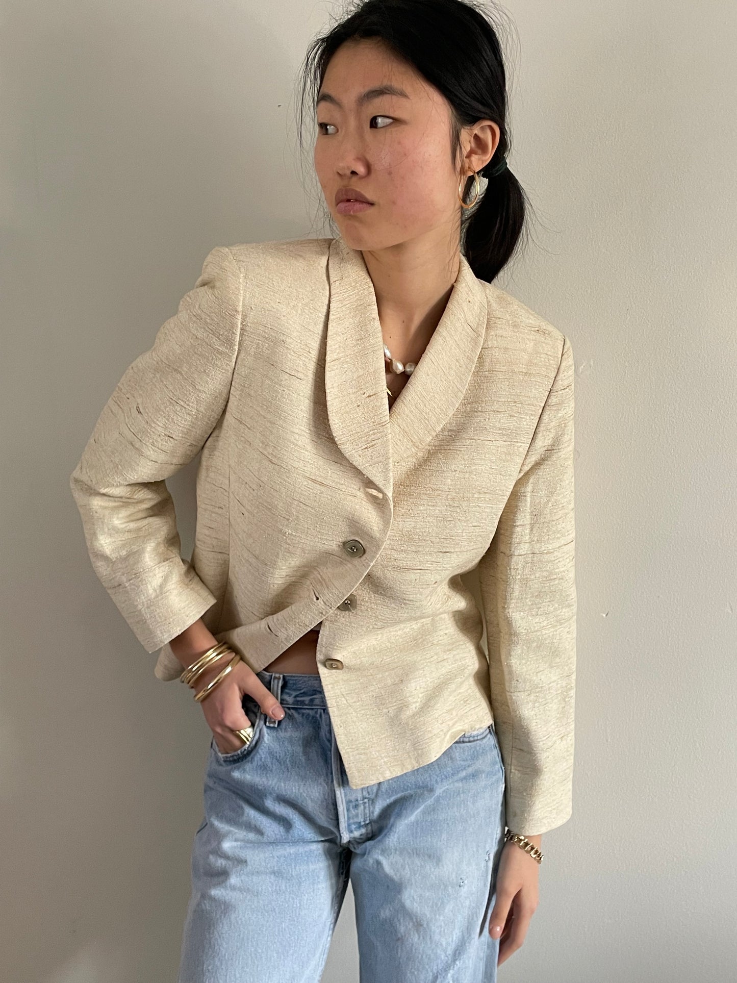 vintage raw silk oatmeal cropped blazer