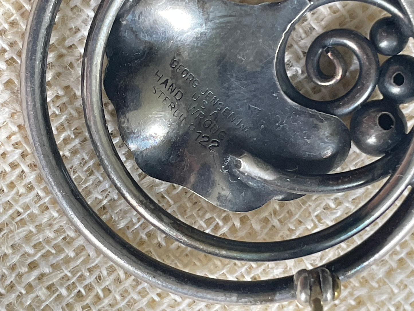 Vintage 40s Georg Jensen Hand Wrought Pin USA Sterling Silver Leaves Vine Berries Signed Nordic Brooch