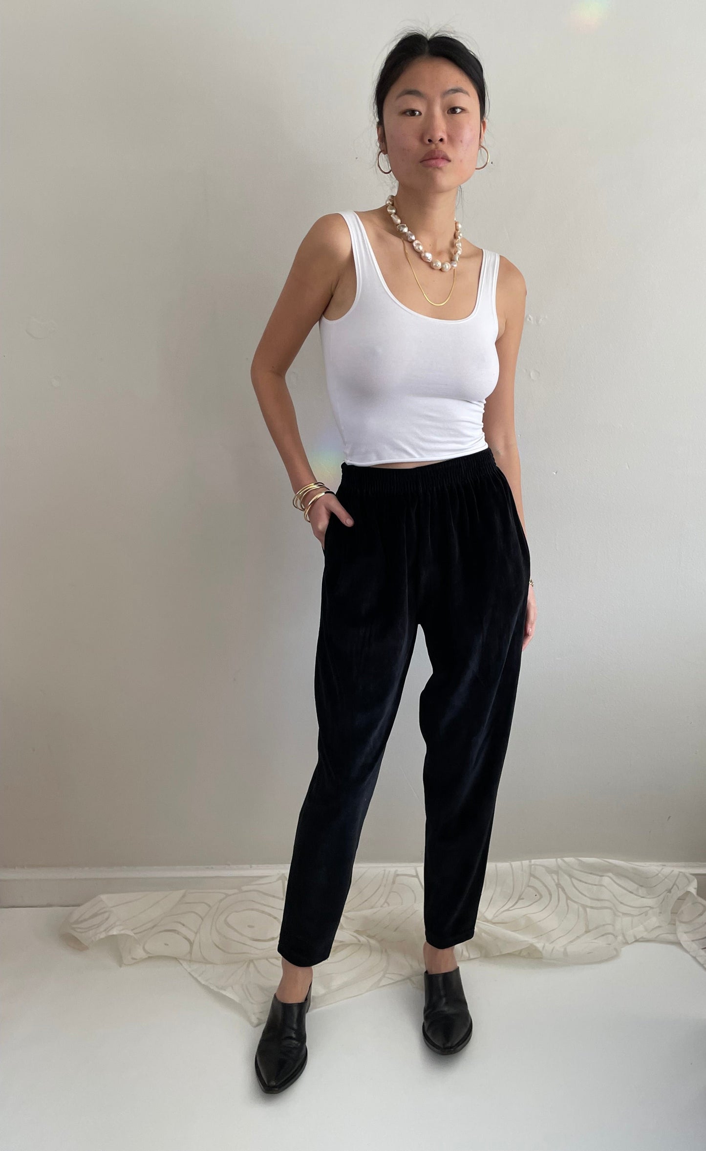 vintage 90s black velour elastic waist stretch velvet jogger pants