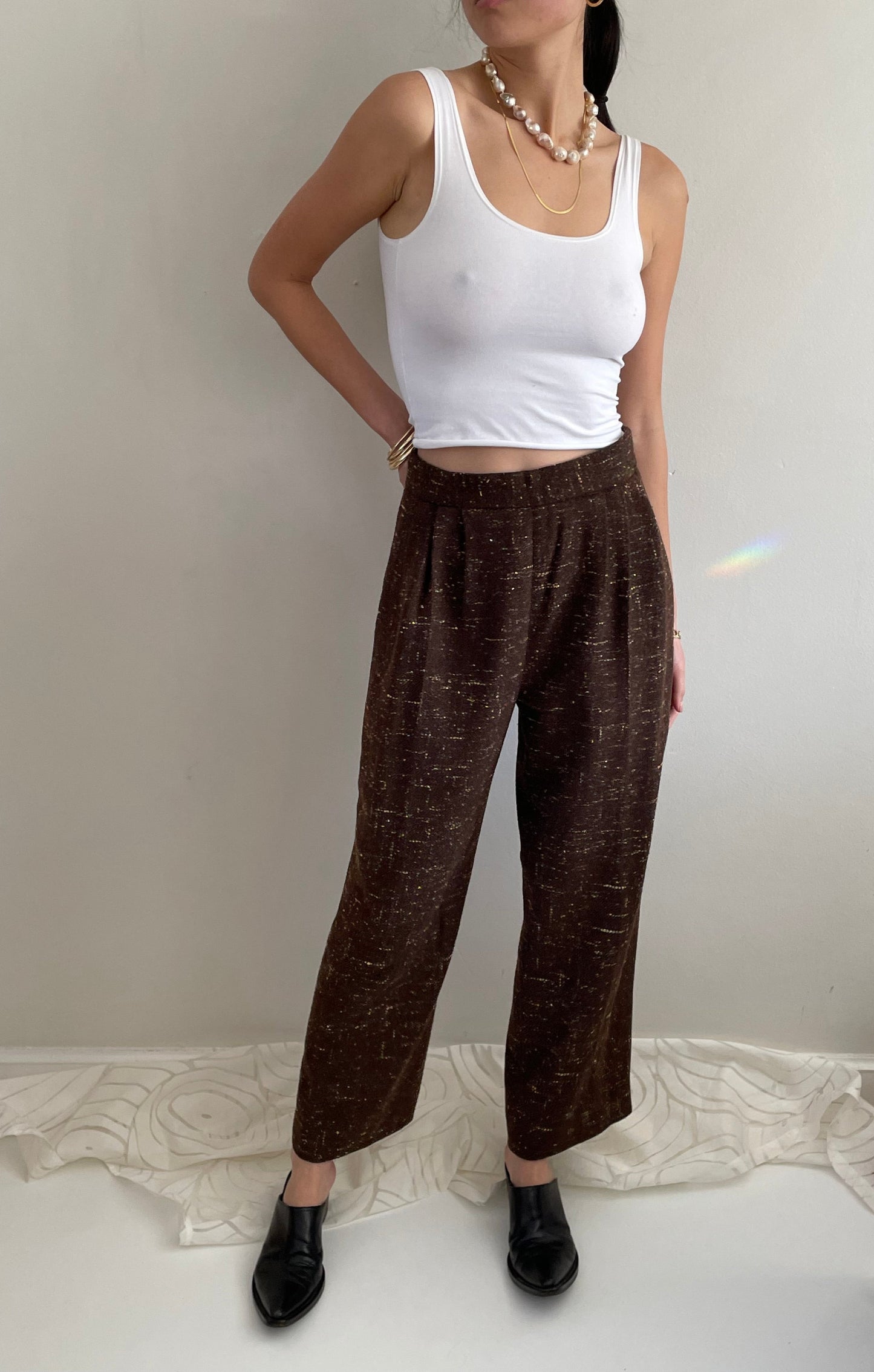 Vintage 90s Tweed Wide Leg Pleated Pants | Brown Wool Speckled Pants size 28 Waist